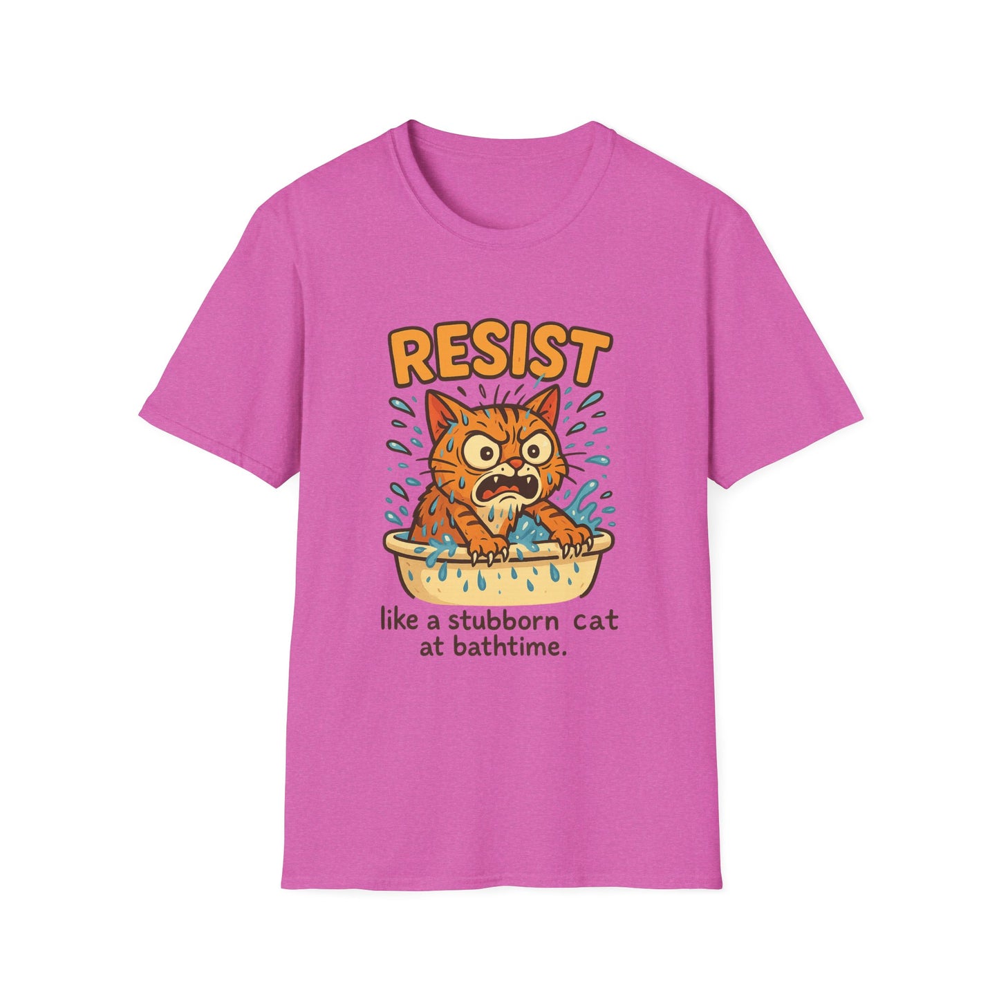 Resist Like A Stubborn Cat At Bathtime Funny Cat Lover Graphic Tee - Quirky Self Care Shirt - Gift For Pet Moms, Dads and Humor Fans