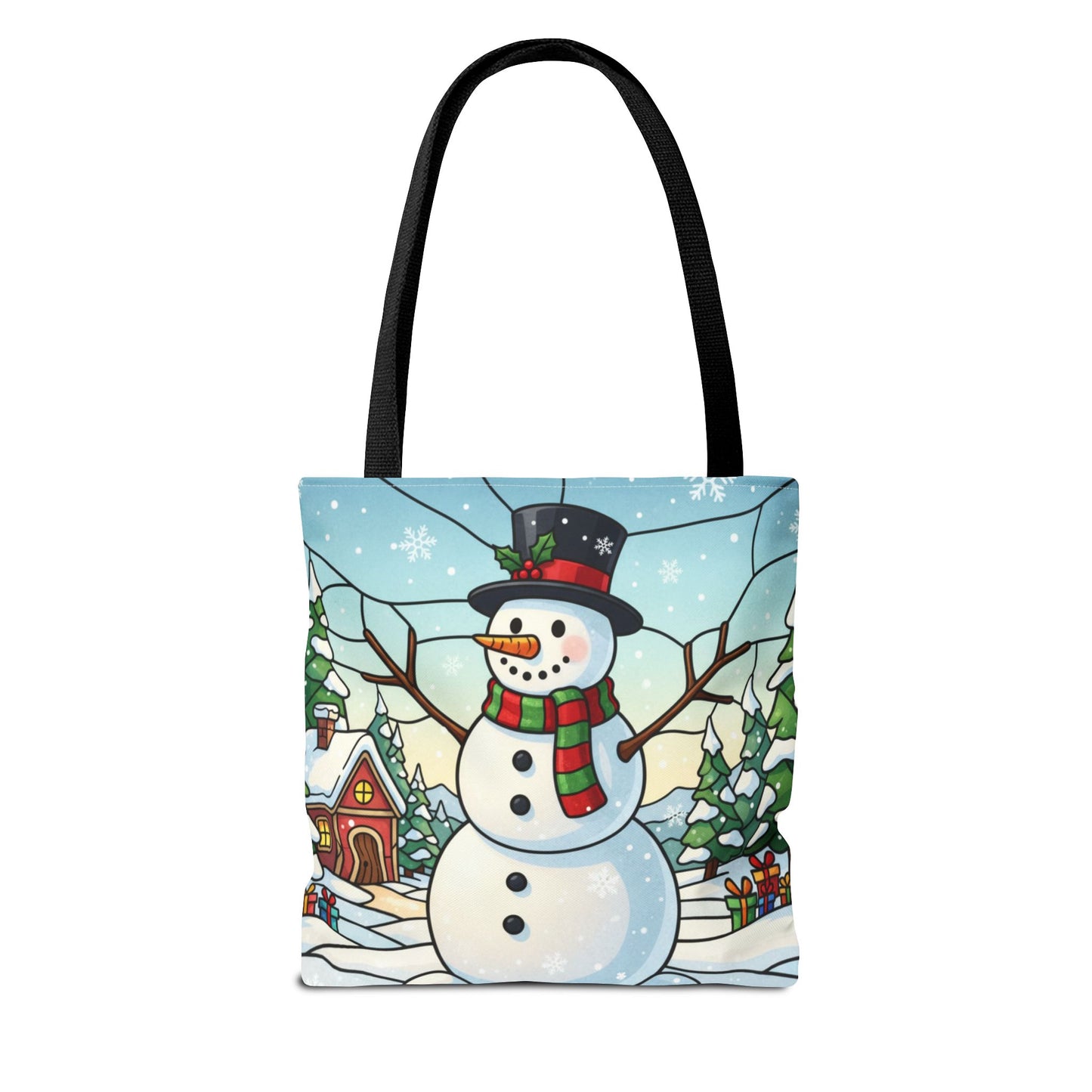 Stained Glass Snowman Christmas Tote Bag, Holiday Art Tote, Festive Winter Gift Bag, Colorful Christmas Scene Reusable Shopping Bag