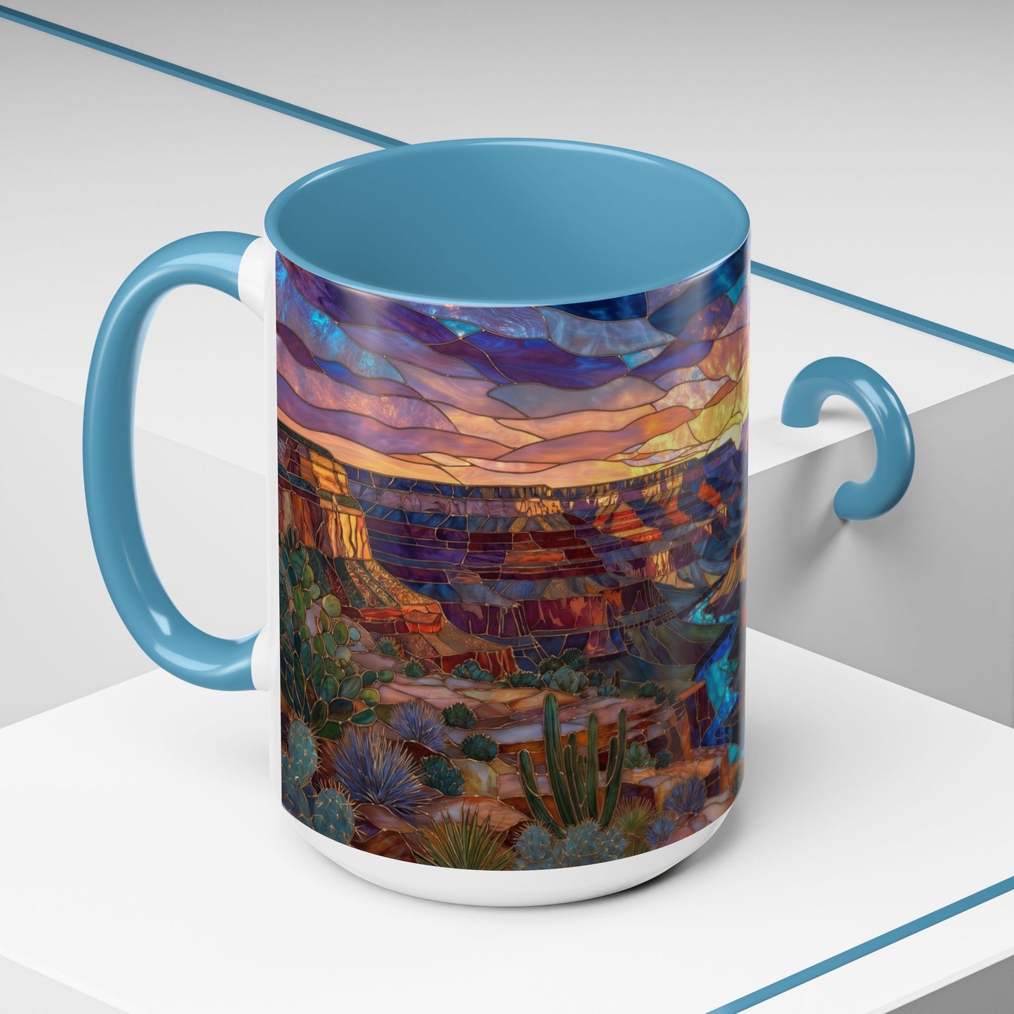 Stained Glass Grand Canyon Mug, Southwest Landscape Coffee Cup, Sunset Canyon Art Mug, Nature Gift For Hikers, Colorful Scenic Grand Canyon Illustration
