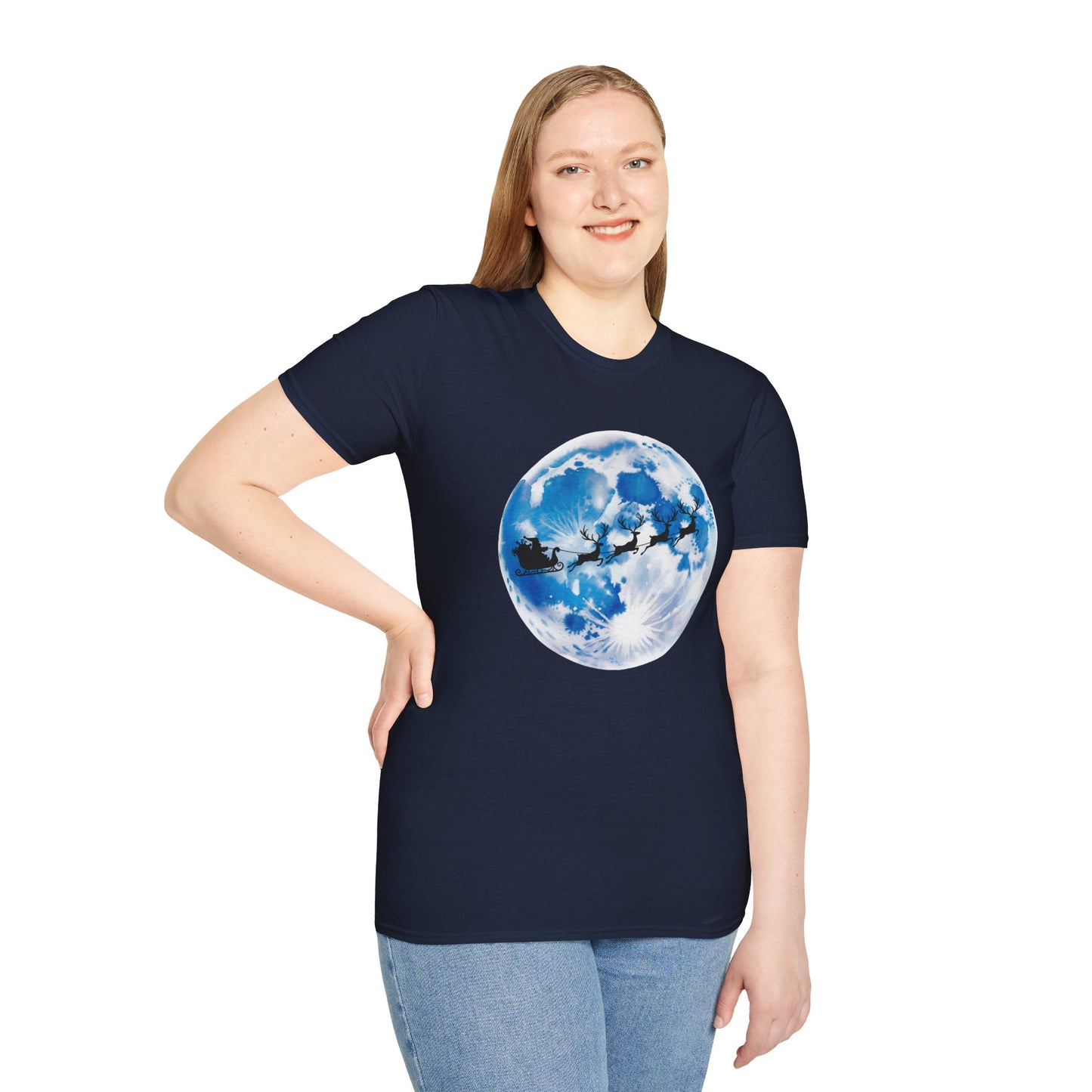 Santa Moon Christmas T-Shirt, Reindeer Sleigh Christmas Tee, Holiday Moonlight Xmas Shirt, Festive Christmas Graphic Tee, Winter Night Christmas Gift Tee