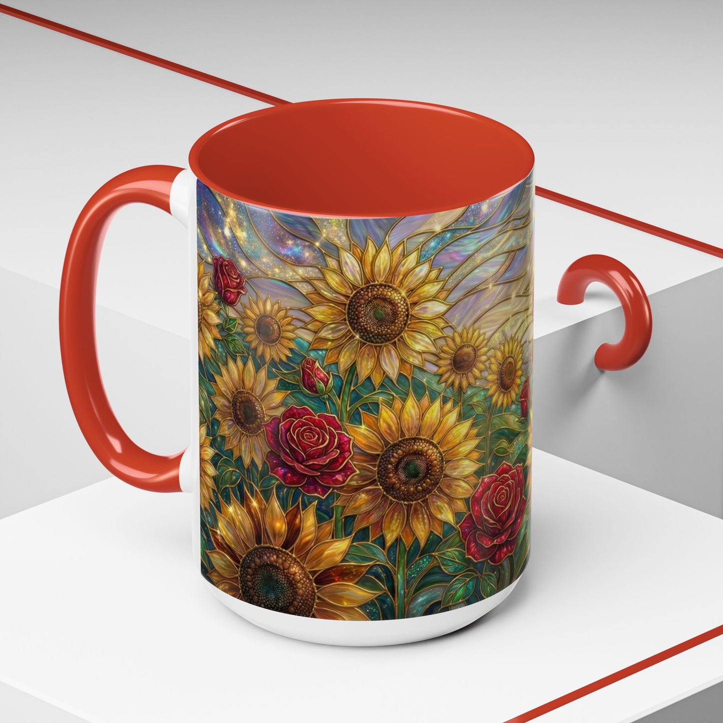 Personalized Stained Glass Sunflower Mug, Custom Red Rose Floral Coffee Cup, Celestial Night Sky Botanical Teacup, Gift For Flower Lover