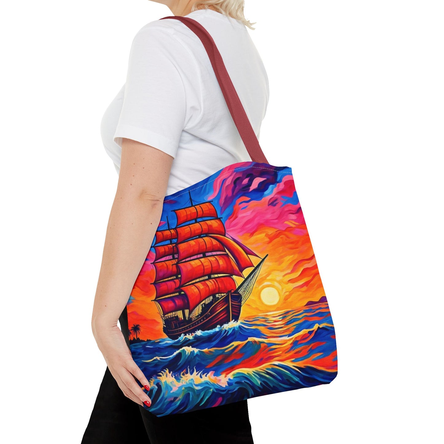 Crimson Voyage Tote Bag, Red Sailboat At Sunset Artistic Ocean Design, Nautical Reusable Tote For Beach, Travel, And Everyday Use