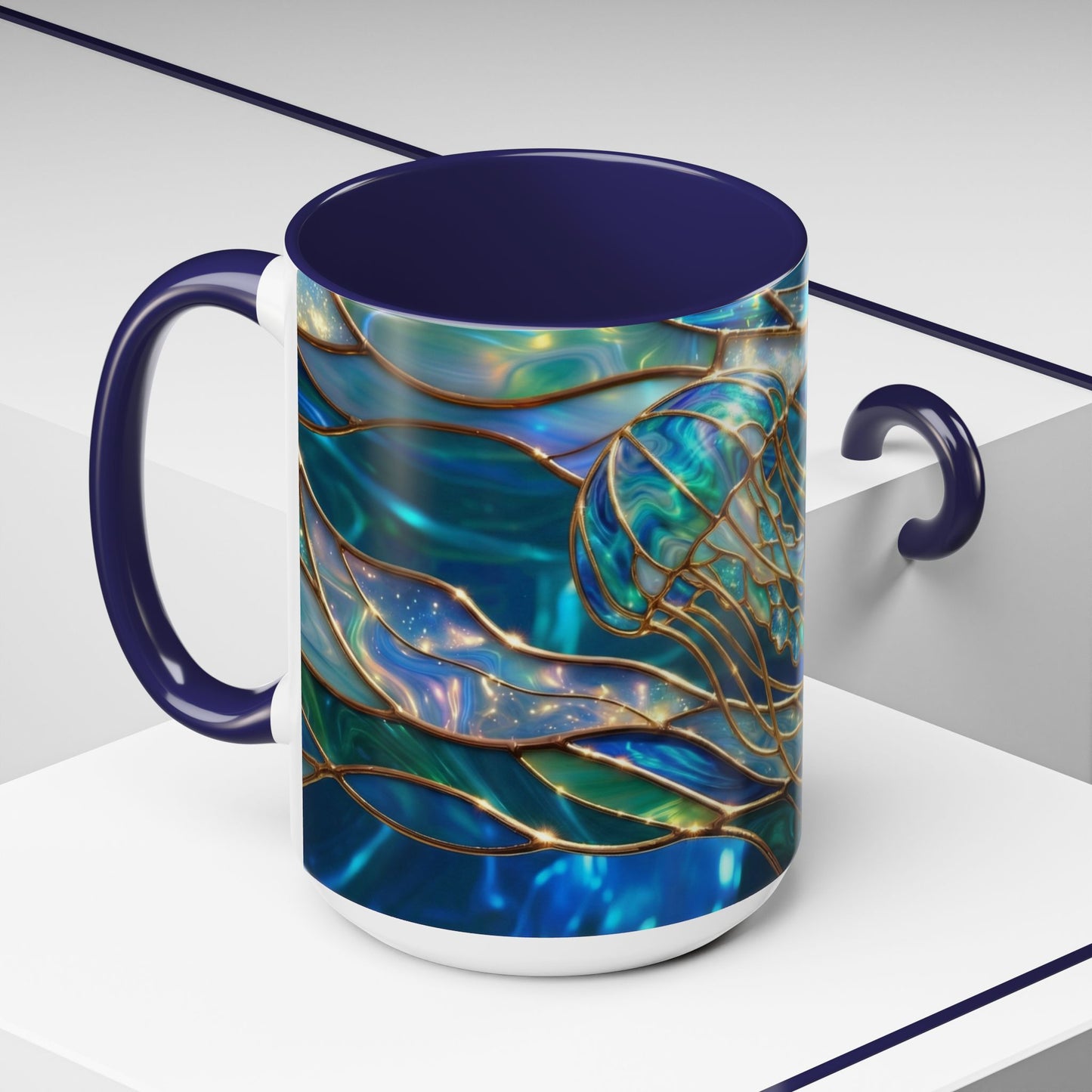 Stained Glass Jellyfish Mug, Ocean Art Coffee Cup, Nautical Sea Life Mug, Blue Teal Gold Glass Style Mug, Gift For Ocean Lovers Decor