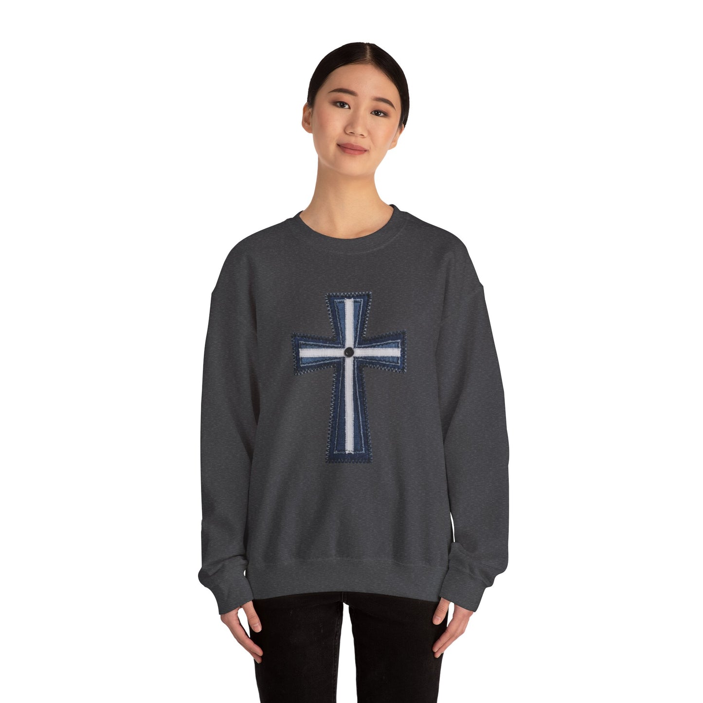 Faux Patchwork Cross Sweatshirt, Christian Patchwork Style Crewneck, Faith Gift for Women Men, Rustic Cross Sweatshirt, Religious Xmas Gift