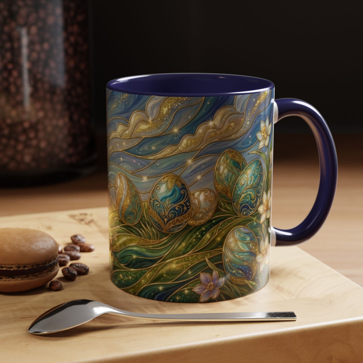 Stained Glass Easter Egg Mug, Magical Spring Floral Coffee Cup, Art Nouveau Fantasy Teacup, Elegant Celestial Starry Sky Mug Gift Idea