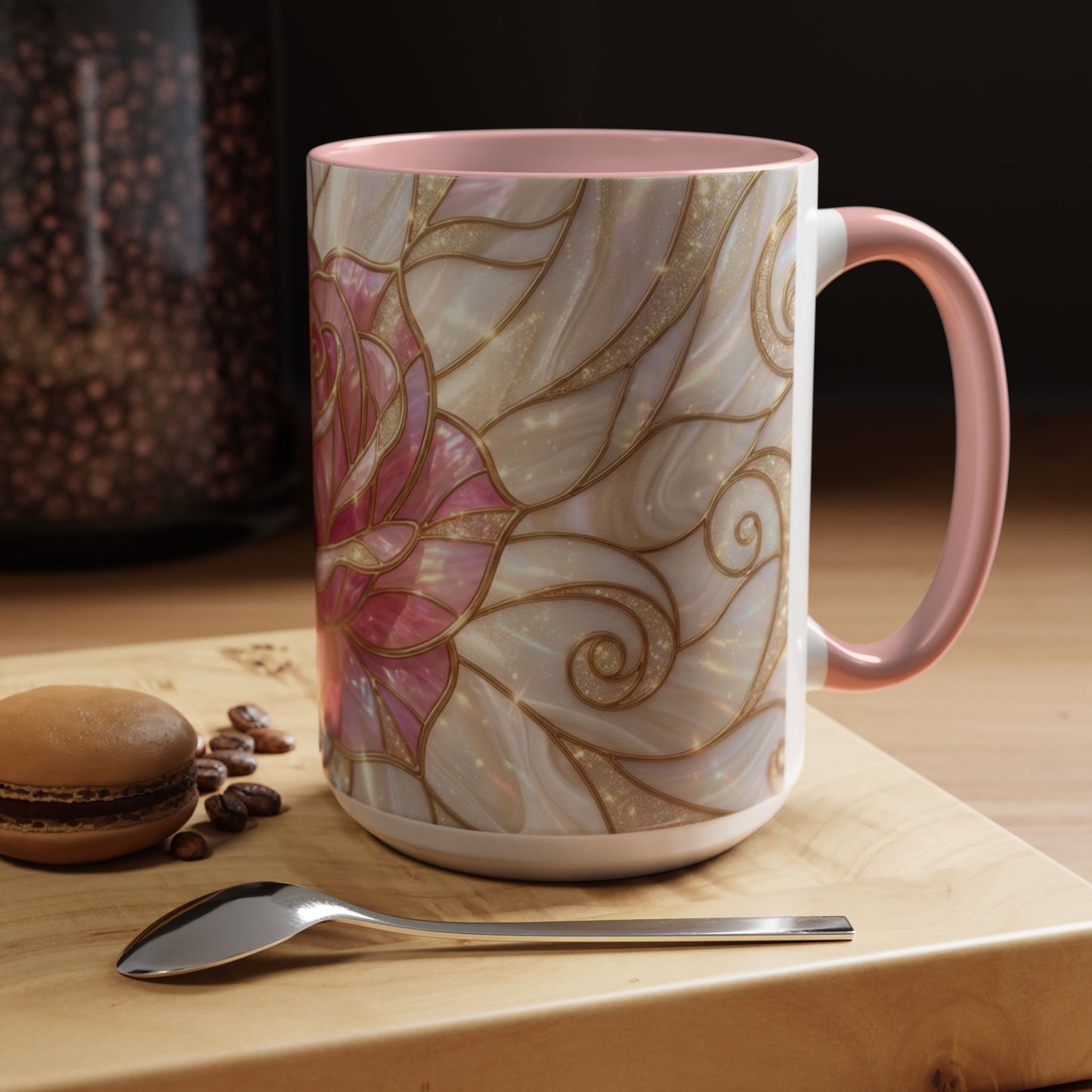Pink Rose Stained Glass Mug, Gold Floral Coffee Cup, Romantic Flower Tea Cup, Gardener Gift For Mom, Botanical Art, Wife Birthday Gift