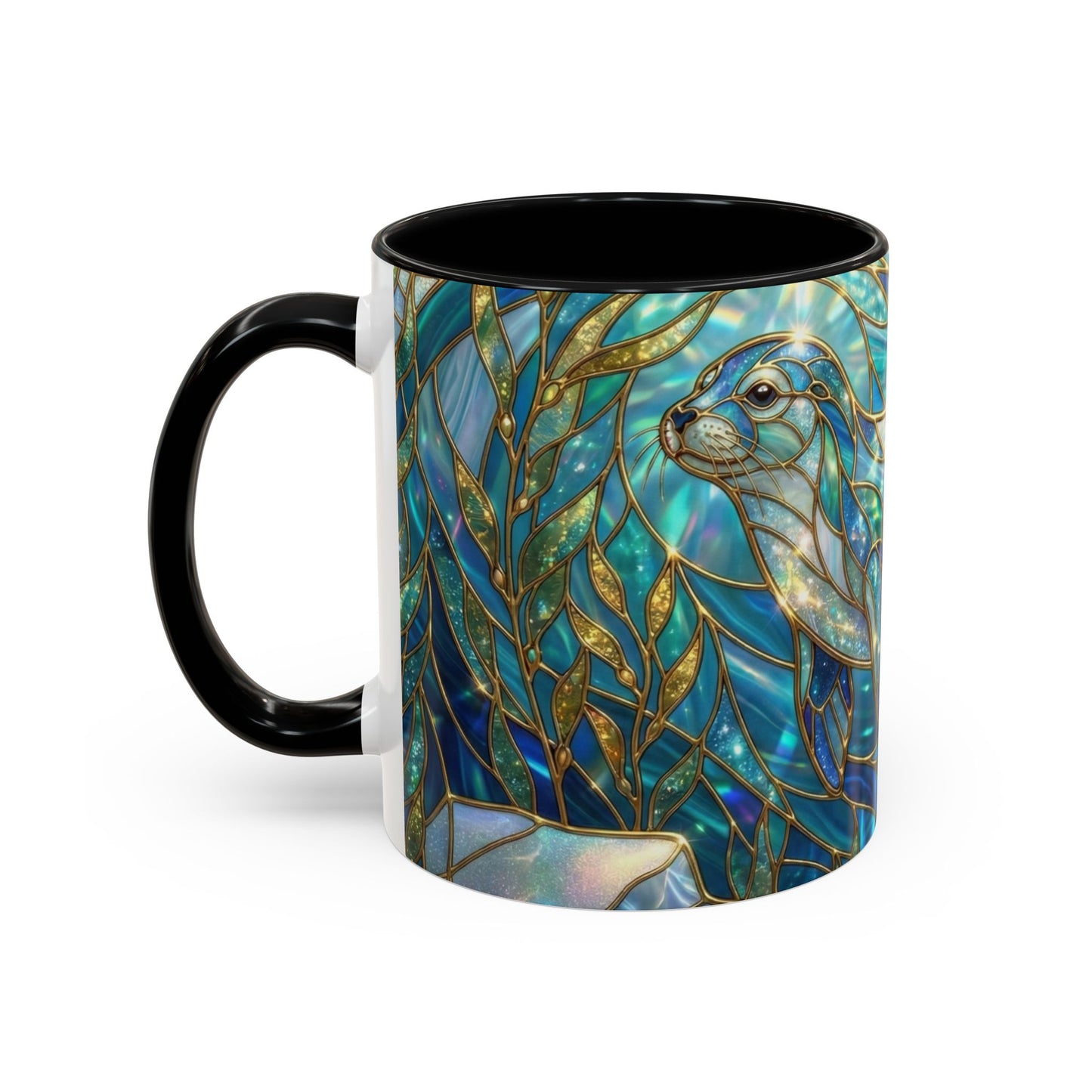 Seal Coffee Mug, Stained Glass Seal Mug, Cute Marine Animal Art Mug, Ocean Lover Gift, Unique Ceramic Coffee Cup, 11oz 15oz Coastal Mug