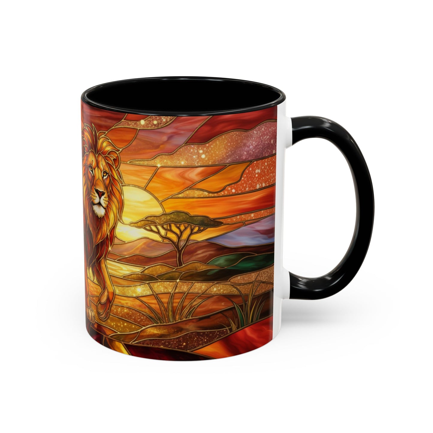Stained Glass Lion Mug, Majestic Lion Coffee Cup, African Sunset Art Mug, Safari Wildlife Gift, Colorful Lion Lover Ceramic Mug