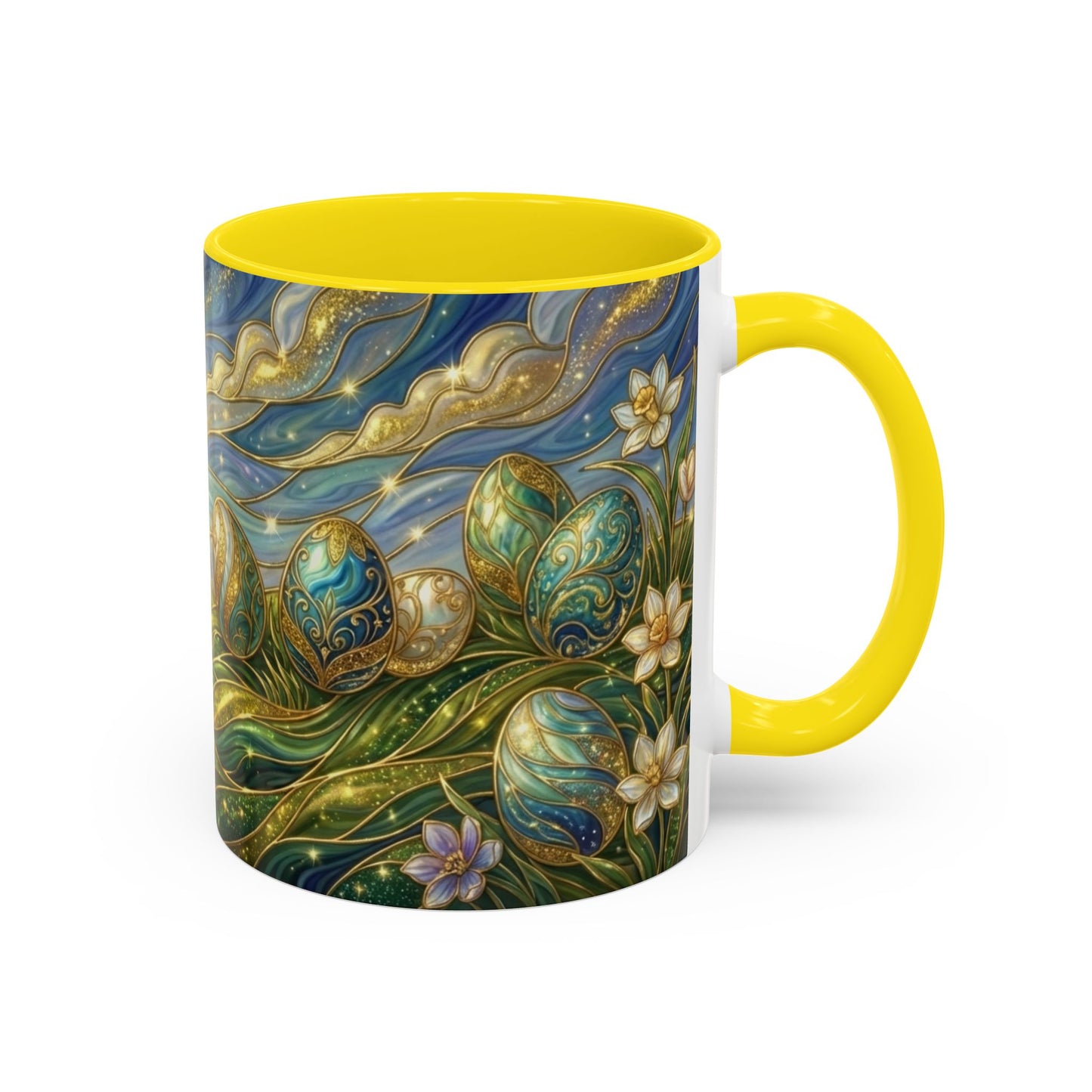 Stained Glass Easter Egg Mug, Magical Spring Floral Coffee Cup, Art Nouveau Fantasy Teacup, Elegant Celestial Starry Sky Mug Gift Idea