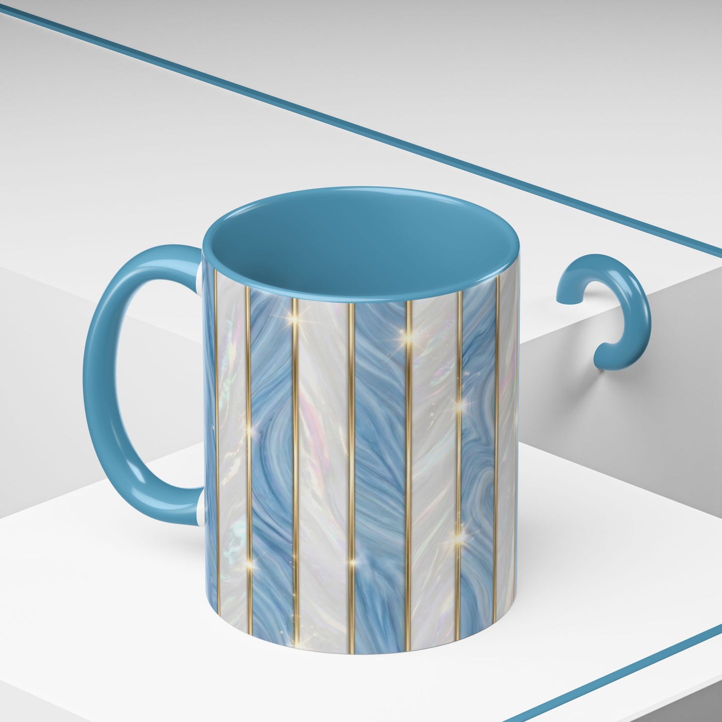 Faux Stained Glass Mug, Blue Pearlescent Coffee Cup, Art Deco Stained Glass Decor, Elegant Gold Stripe Teacup, Unique Art Gift For Her