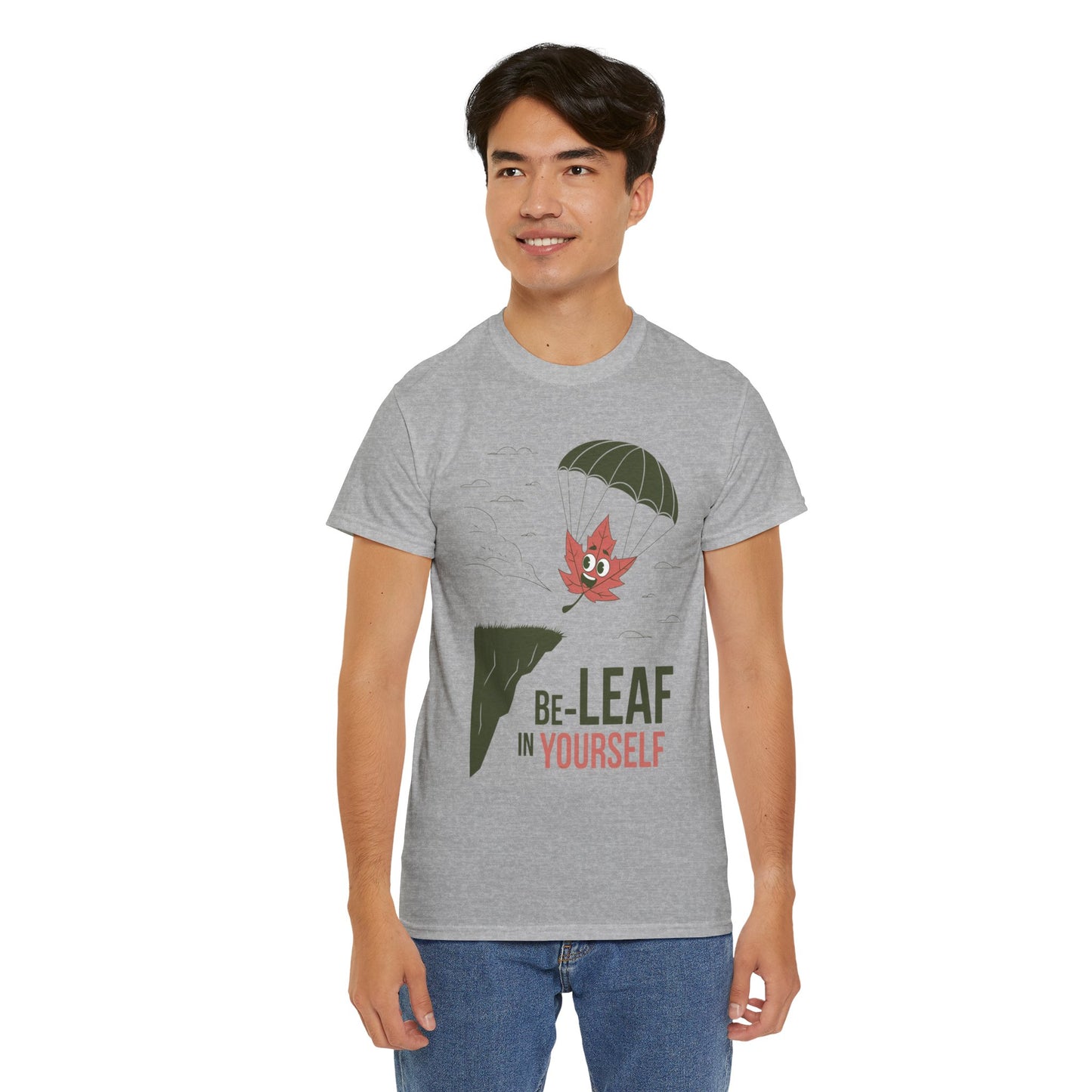 Be-Leaf In Yourself Maple Leaf Parachute T-Shirt | Funny Motivational Nature Graphic Tee | Self-Love Fall Autumn Shirt | Outdoorsy Gift
