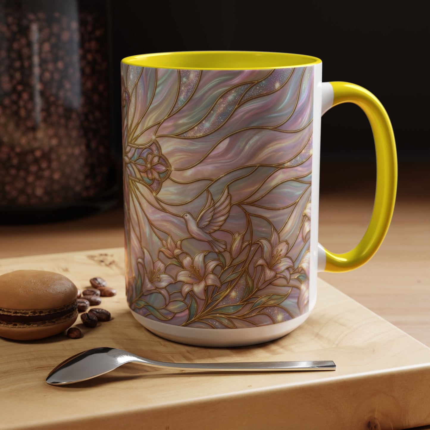 Stained Glass Cross Mug, Easter Lily Coffee Cup, Christian Gift for Women, Pastel Religious Drinkware, Dove and Faith Cup, Spiritual