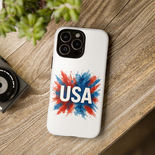 USA Splash iPhone Case - Patriotic Red White Blue Tough Cover, Dual-Layer Protection, 4th of July Memorial Day Gift