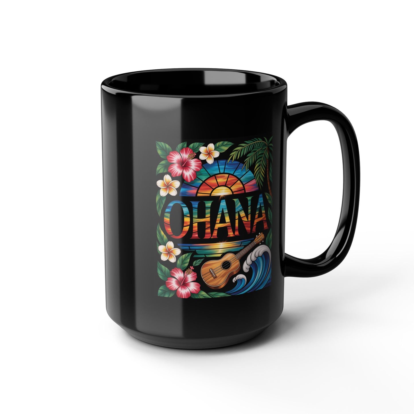 Ohana Mug Hawaiian Coffee Cup Tropical Sunset, Hibiscus Flowers, Ukulele, Aloha Gift