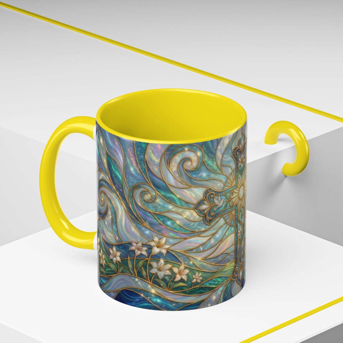 Stained Glass Cross Mug, Christian Coffee Cup, Religious Easter Gift, Celestial Faith Mug, Spiritual Sunrise Cup, Dove Lily Print Mug