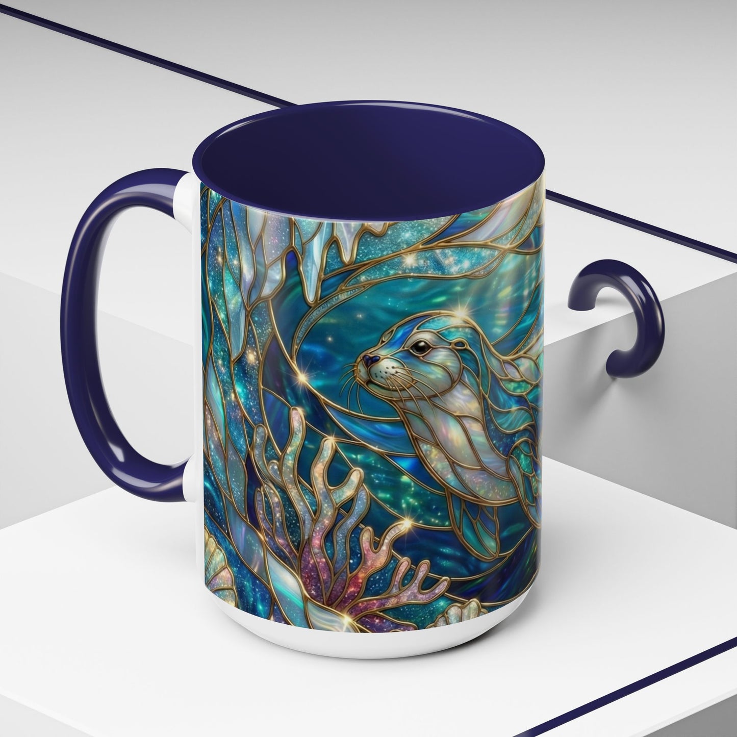 Seal Coffee Mug, Stained Glass Seal Mug, Cute Ocean Animal Art Mug, Marine Life Gift, Unique Ceramic Coffee Cup, 11oz 15oz Wildlife Mug