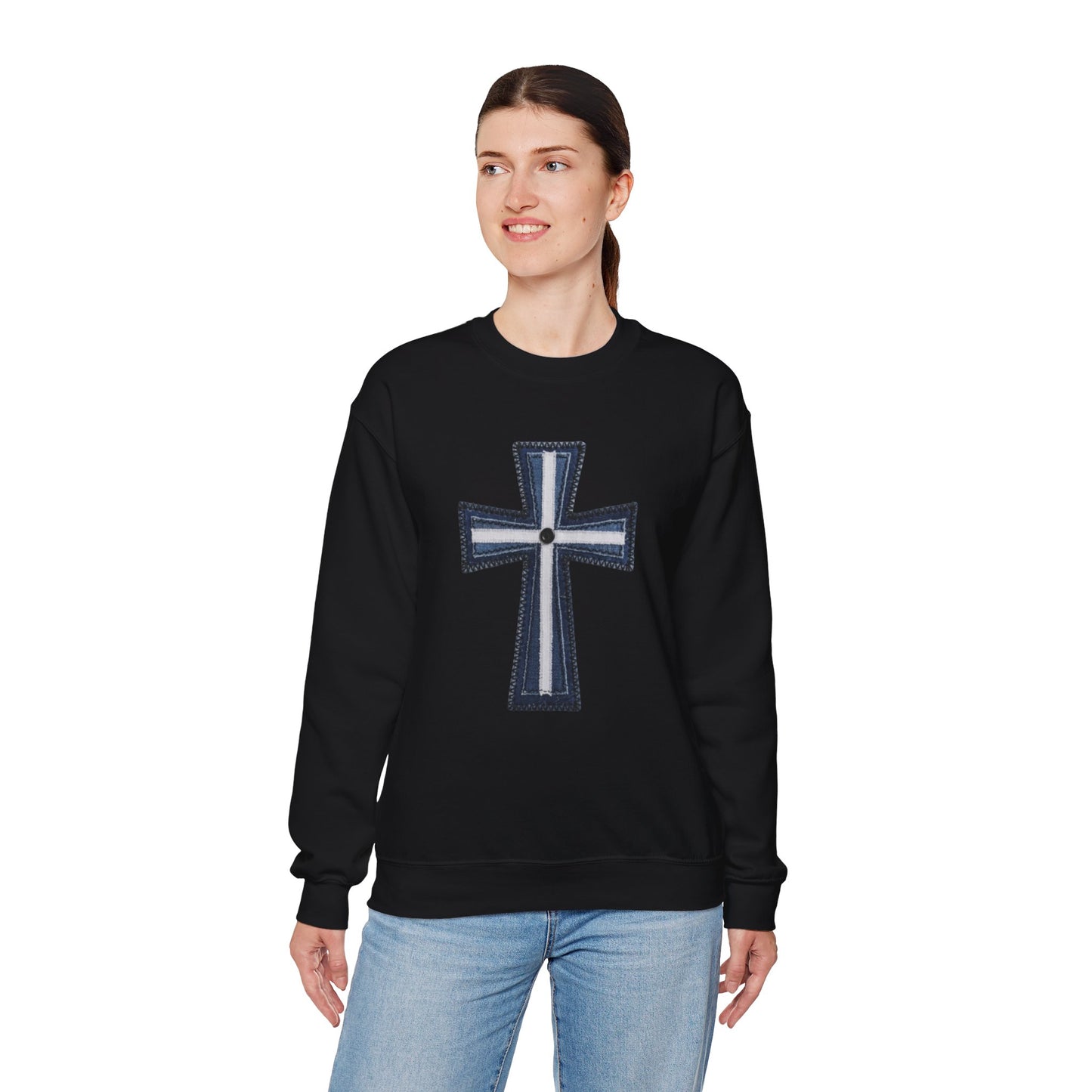 Faux Patchwork Cross Sweatshirt, Christian Patchwork Style Crewneck, Faith Gift for Women Men, Rustic Cross Sweatshirt, Religious Xmas Gift