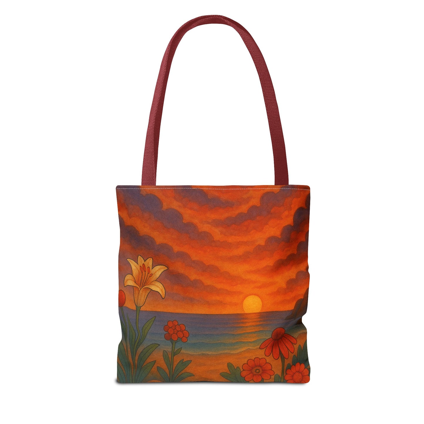Retro Sunset Tote Bag with Wildflowers – Vibrant Floral Landscape Art, Nature-Inspired Reusable Bag, 70s Style Summer Accessory
