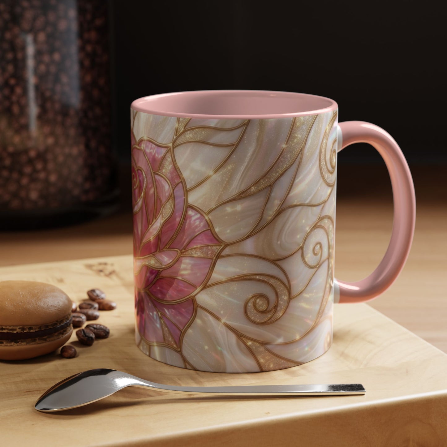 Pink Rose Stained Glass Mug, Gold Floral Coffee Cup, Romantic Flower Tea Cup, Gardener Gift For Mom, Botanical Art, Wife Birthday Gift
