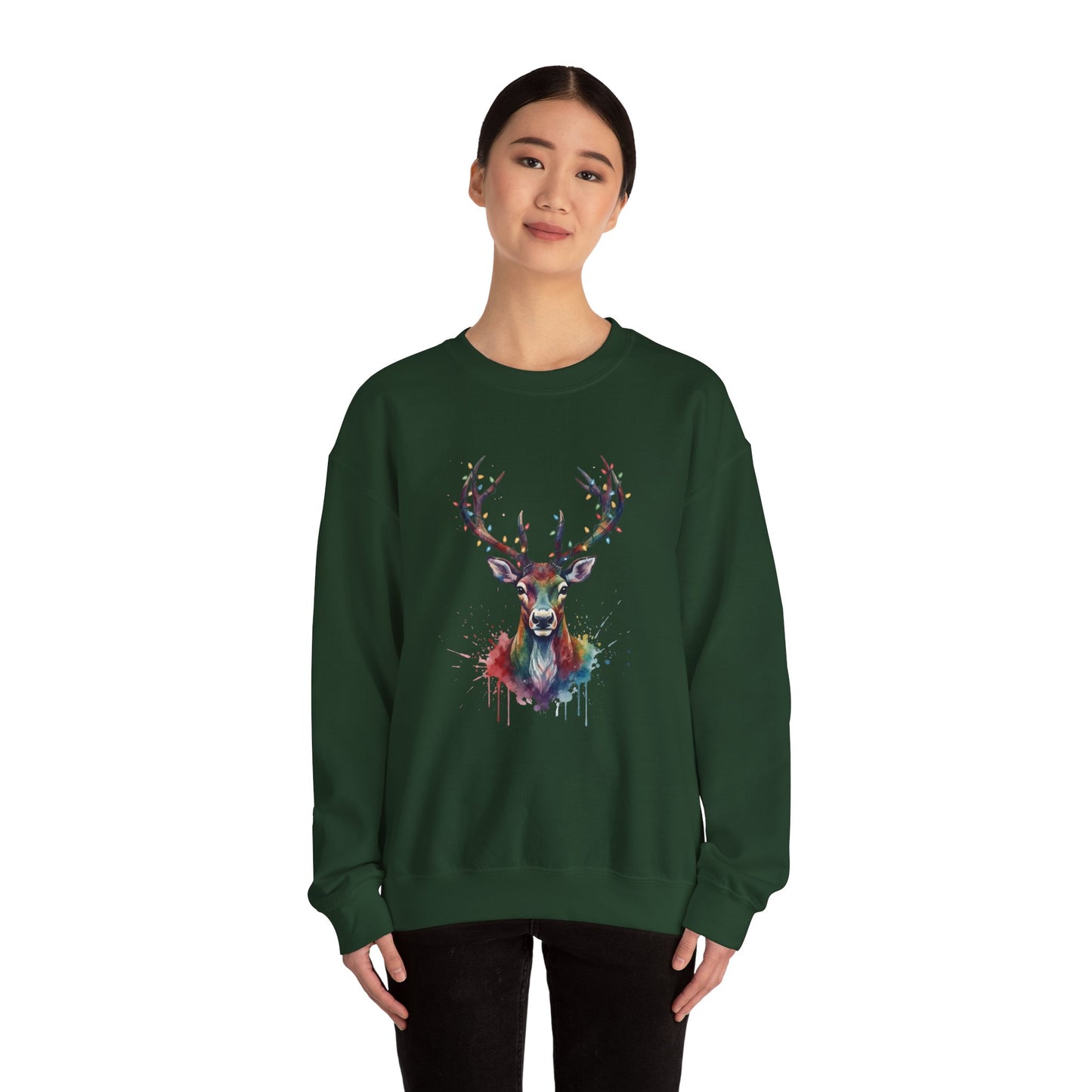 Colorful Reindeer Christmas Sweatshirt, Holiday Deer Lights Sweater, Watercolor Winter Crewneck, Festive Cozy Gift For Him Or Her