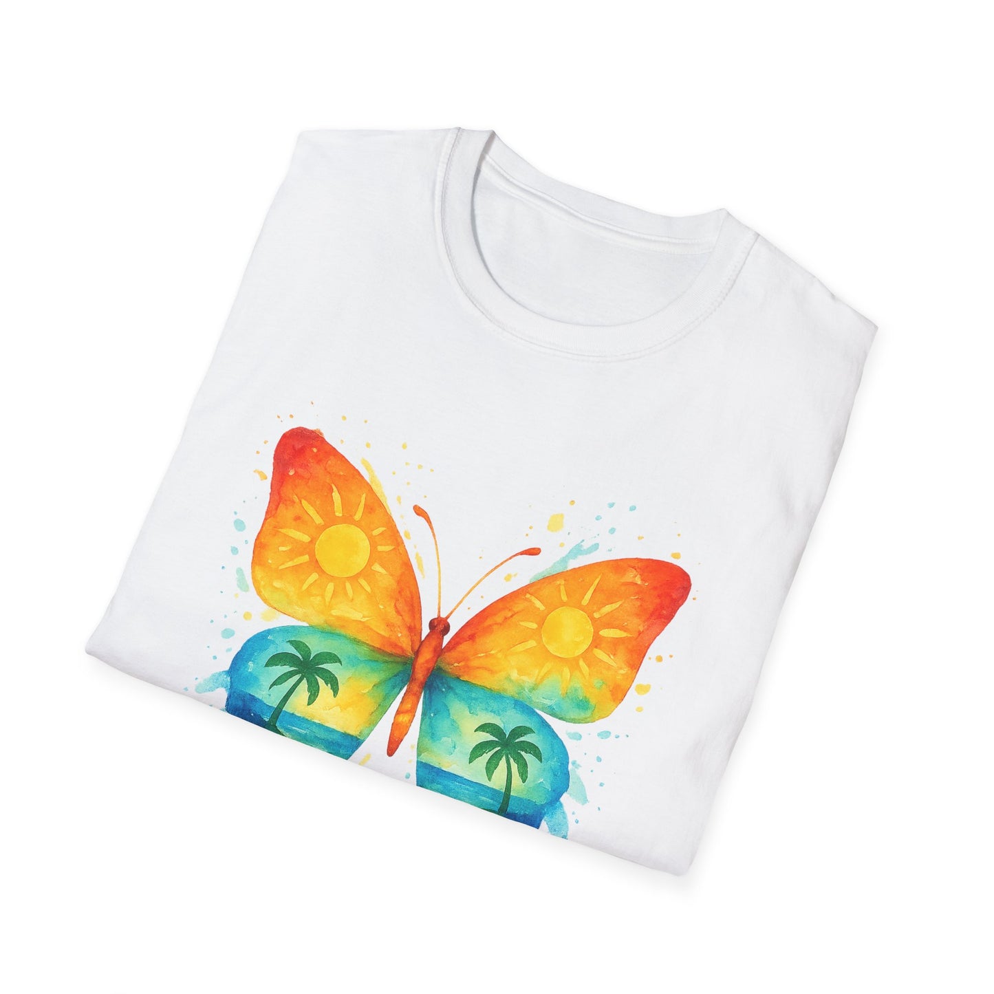 Butterfly Sunset Beach Tee - Ocean & Palm Watercolor Butterfly T-Shirt, Coastal Boho Graphic, Nature Lover Gift, Unisex Casual Tee