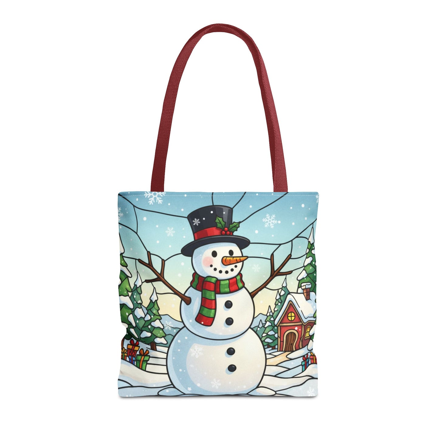 Stained Glass Snowman Christmas Tote Bag, Holiday Art Tote, Festive Winter Gift Bag, Colorful Christmas Scene Reusable Shopping Bag