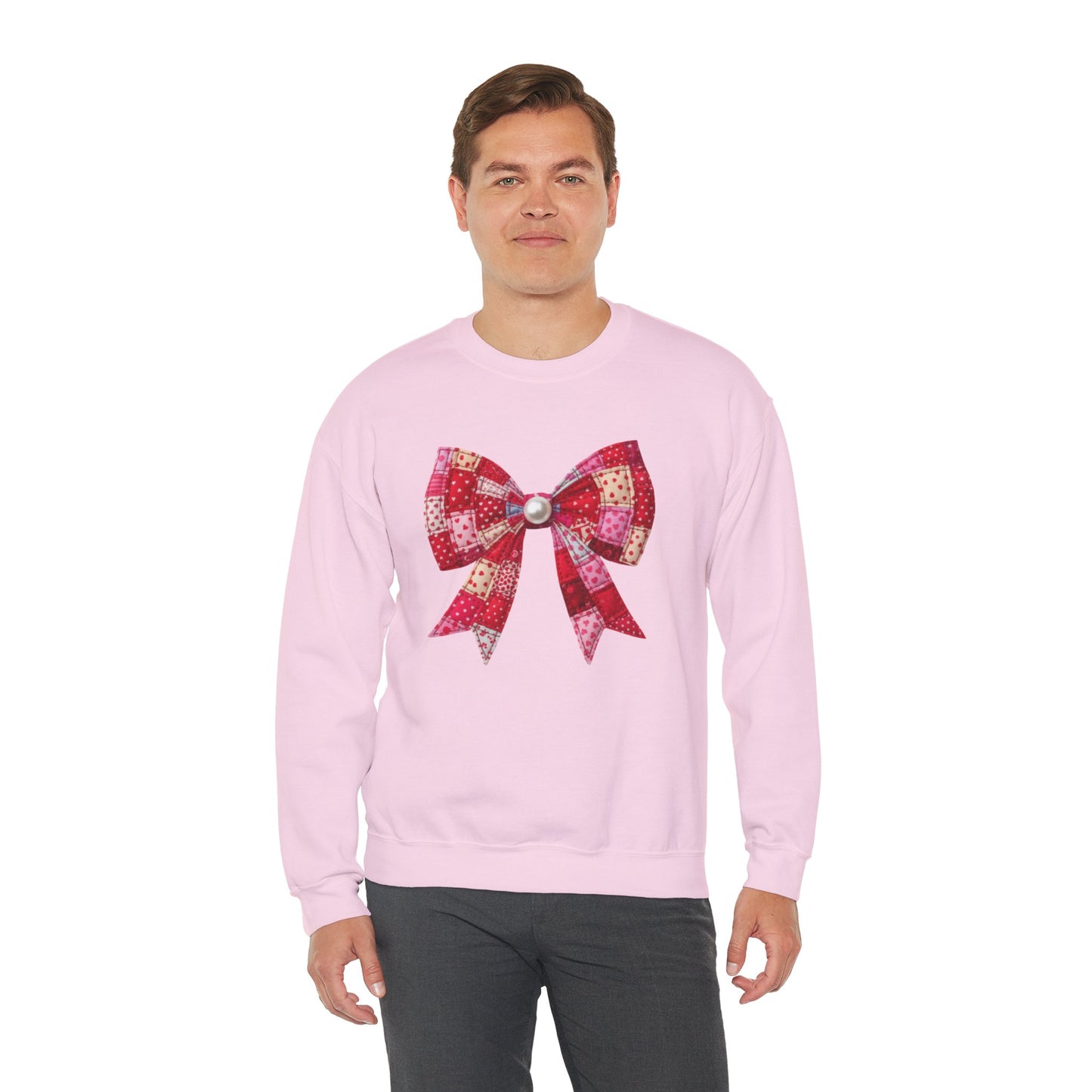 Faux Patchwork Bow Sweatshirt, Quilted Look Bow Crewneck, Pearl Bow Pullover, Cozy Coquette Sweatshirt, Girly Valentine Gift
