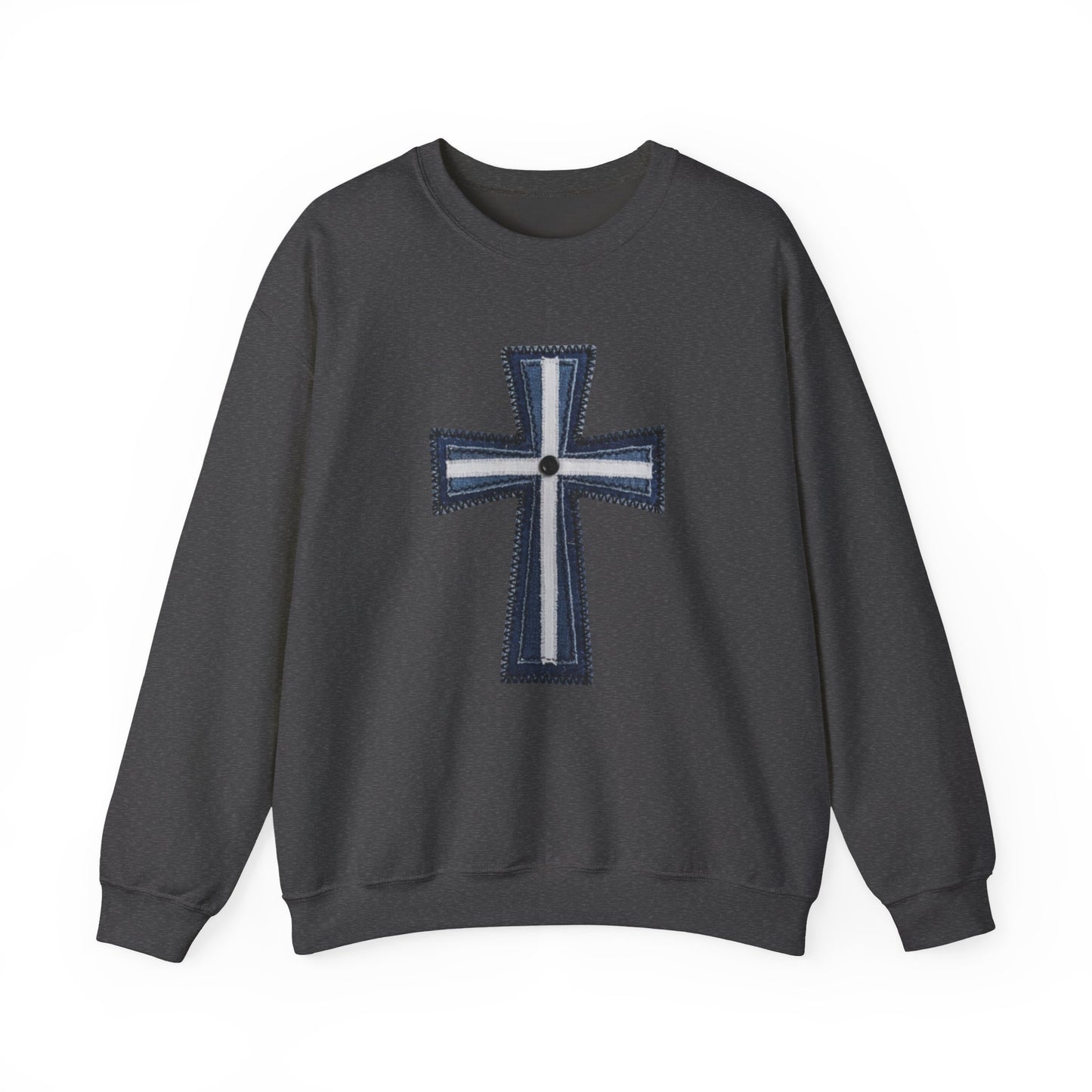 Faux Patchwork Cross Sweatshirt, Christian Patchwork Style Crewneck, Faith Gift for Women Men, Rustic Cross Sweatshirt, Religious Xmas Gift