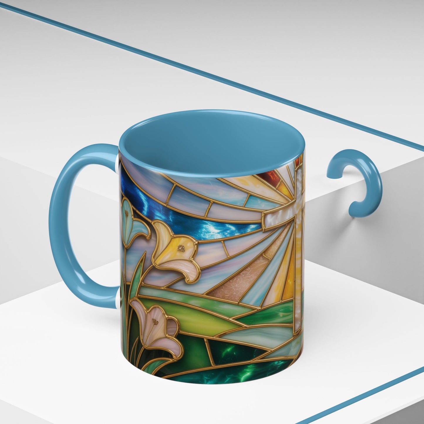 Stained Glass Cross Mug, Christian Coffee Cup, Faith Gift Mug, Religious Art Mug, Floral Church Mug, Inspirational Faith Cup, Easter Gift