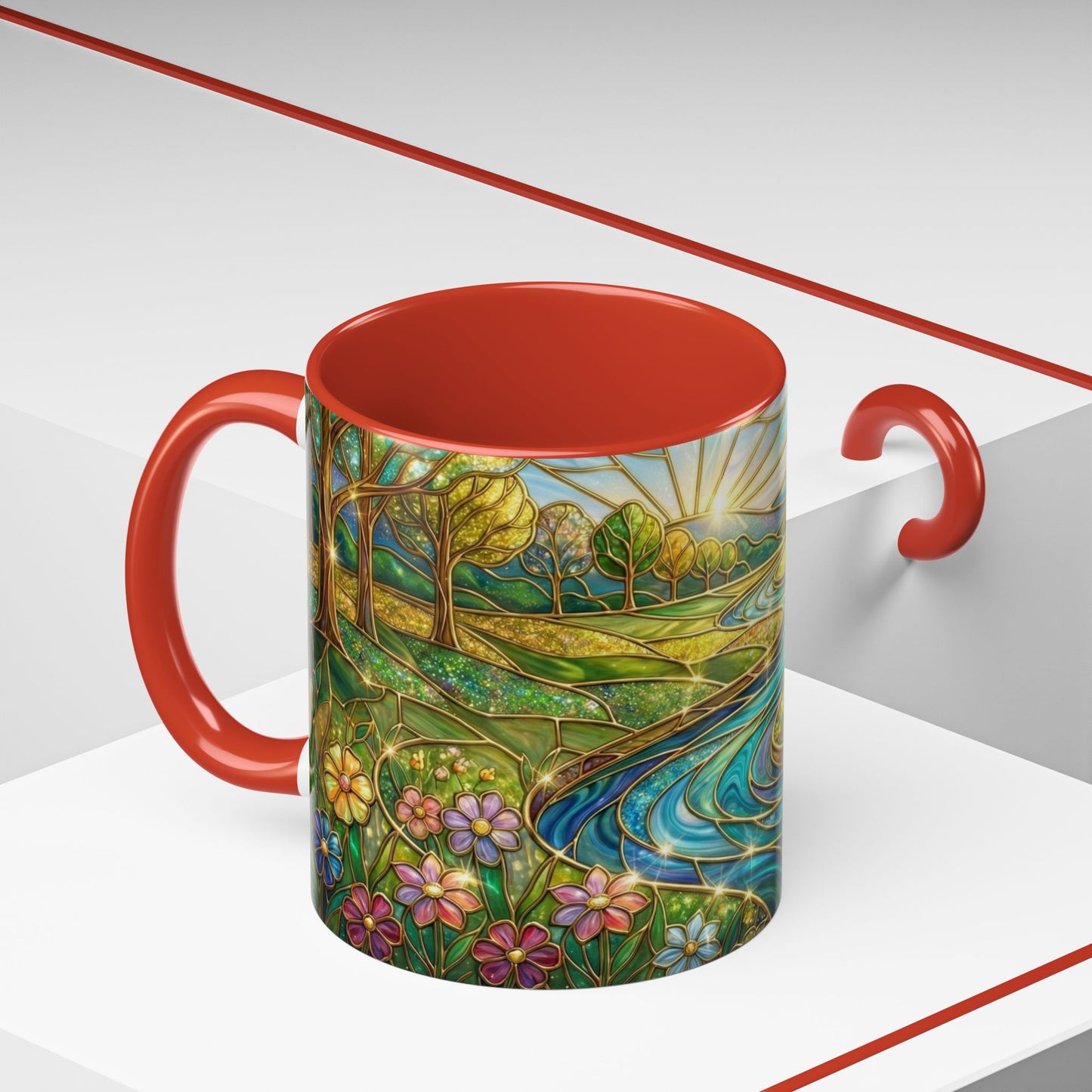 Stained Glass Mug, River Landscape Coffee Cup, Nature Lover Gift, Floral Tea Mug, Gardener Present, Art Teacher Gift, Colorful Scenery Cup