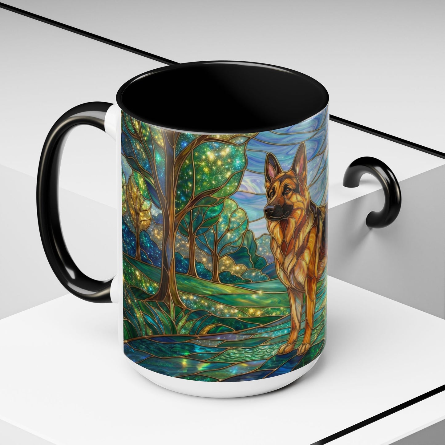 Stained Glass German Shepherd Mug, Dog Lover Coffee Mug, German Shepherd Art Cup, Pet Memorial Gift, Colorful Dog Mug, Nature Art Mug