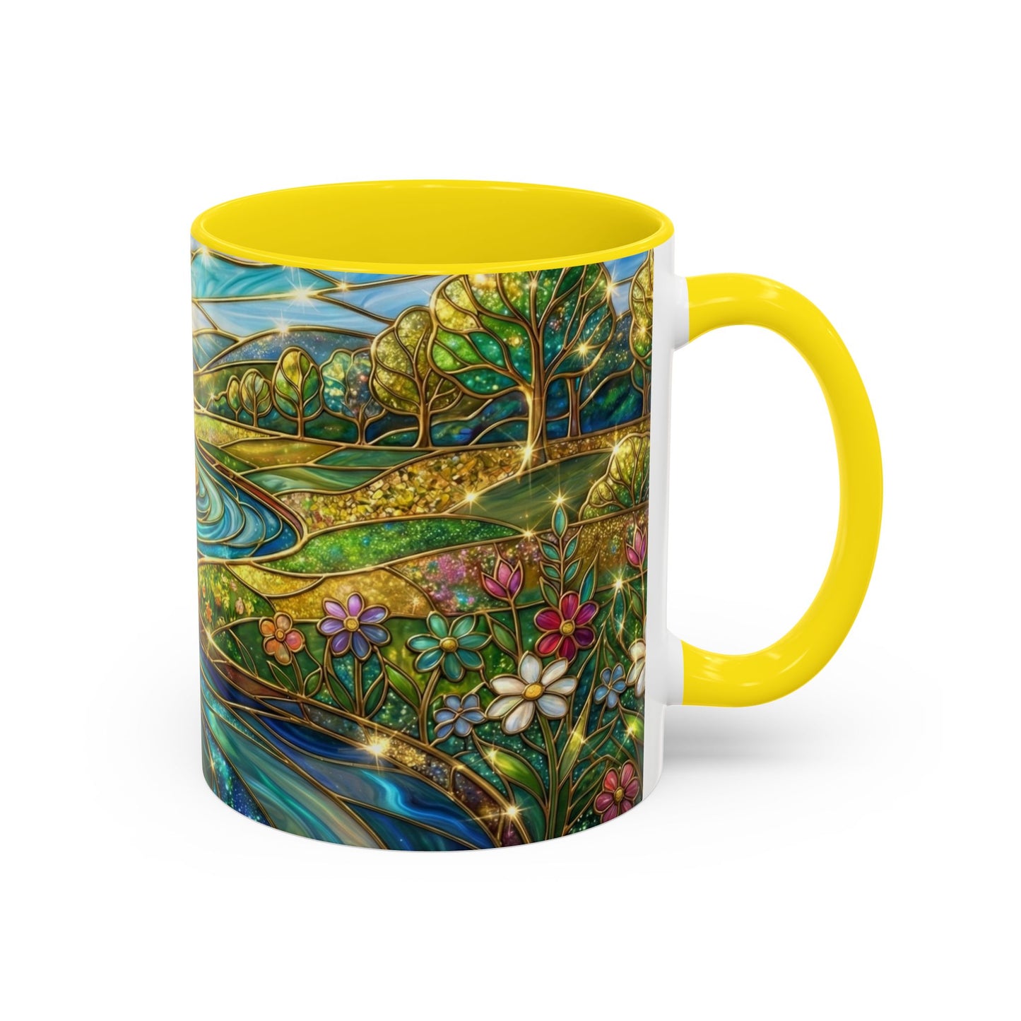 Stained Glass Mug, River Landscape Coffee Cup, Nature Lover Gift, Floral Tea Mug, Gardener Present, Art Teacher Gift, Colorful Scenery Cup