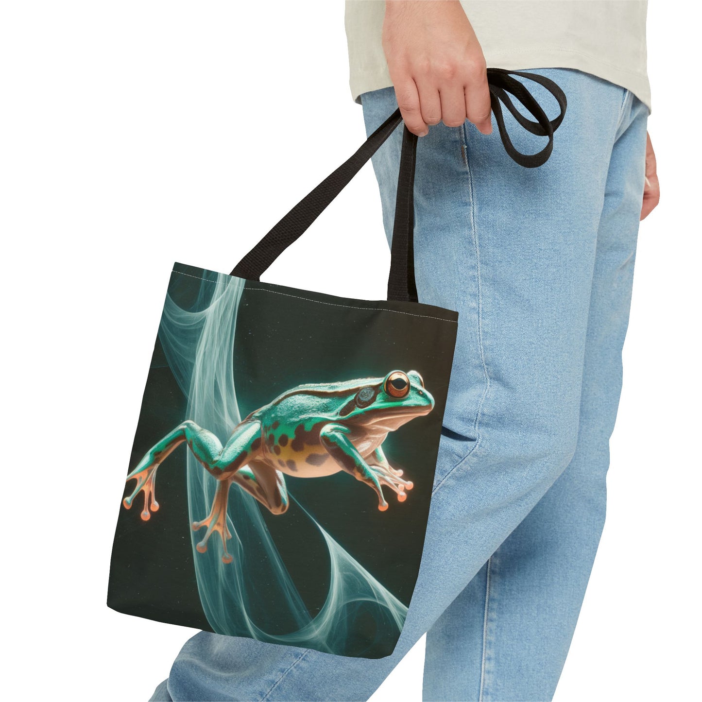 Frog in Motion Tote Bag, Nature-Inspired Green Frog Design Eco-Friendly Shoulder Bag, Artistic Reusable Tote For Everyday Use And Gifts