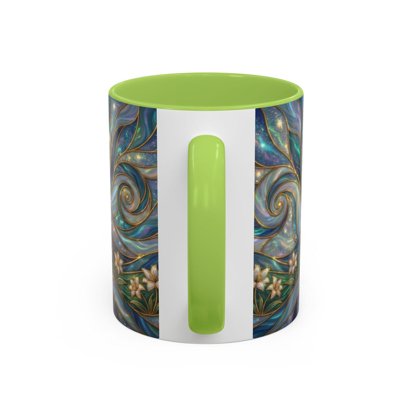 Stained Glass Cross Mug, Christian Coffee Cup, Religious Easter Gift, Celestial Faith Mug, Spiritual Sunrise Cup, Dove Lily Print Mug