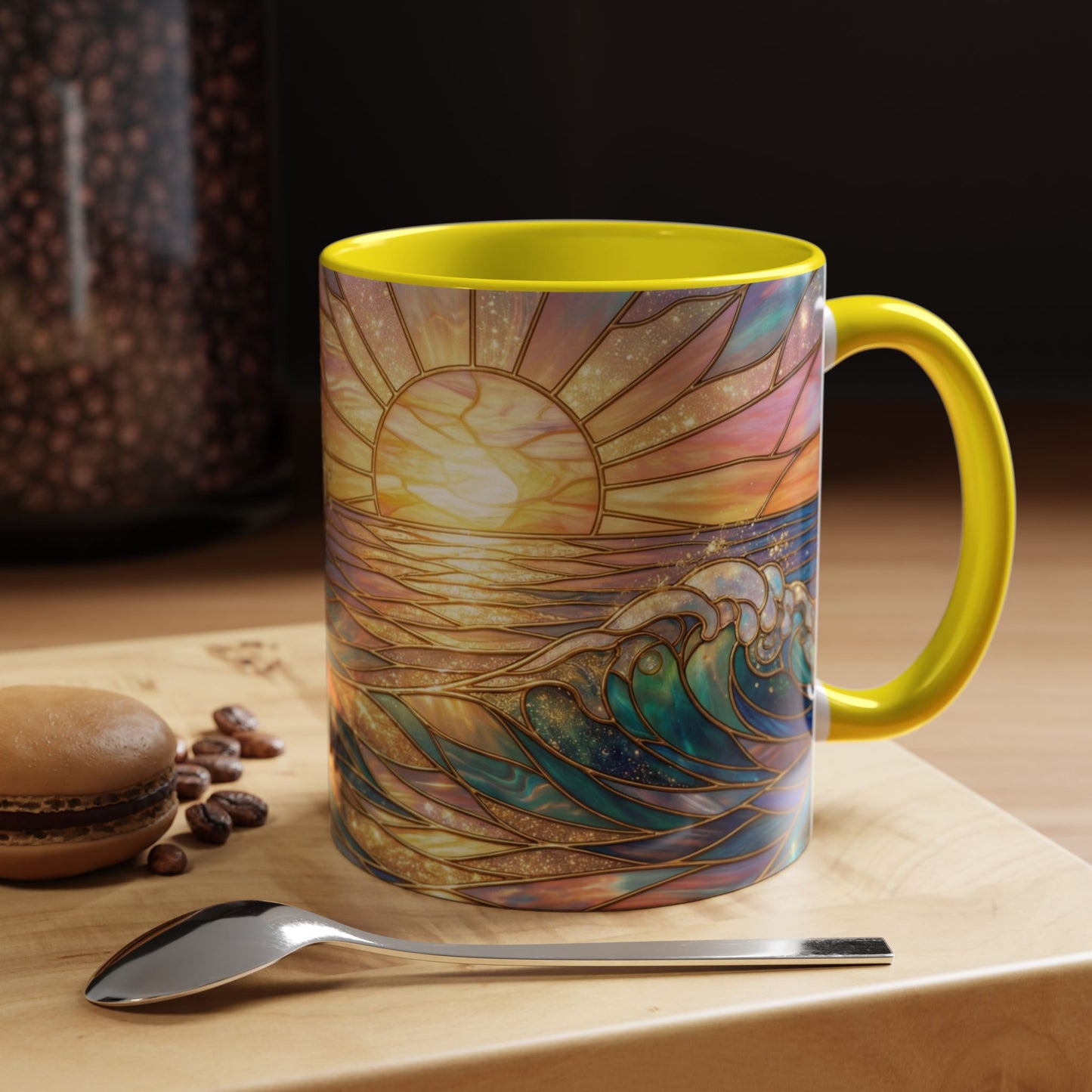 Stained Glass Ocean Wave Mug, Sunrise Beach Coffee Cup, Japanese Art Gift, Coastal Decor Kitchen, Mosaic Sea Tea Cup, Blue Gold Nature Lover