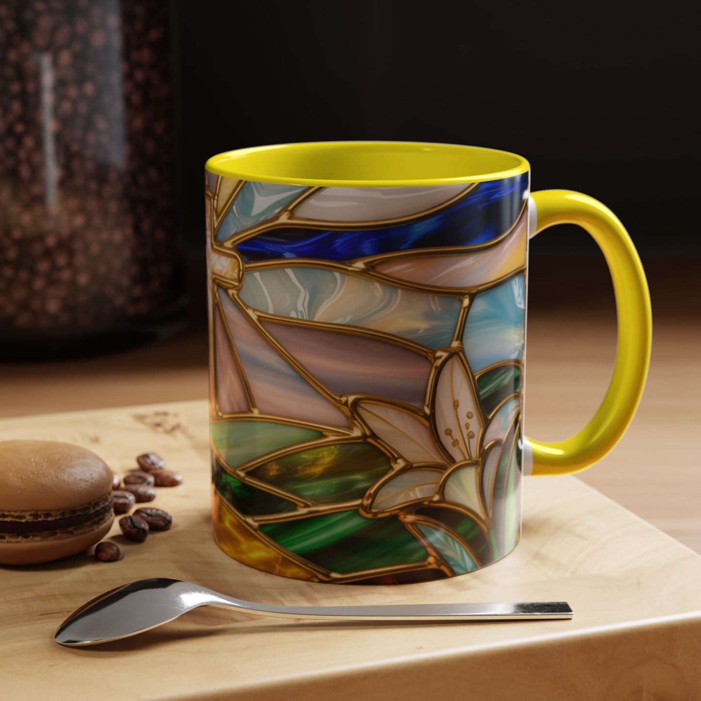 Stained Glass Cross Mug, Christian Sunrise Coffee Cup, Religious Floral Art Mug, Inspirational Faith Gift For Women, Colorful Stained Glass Design