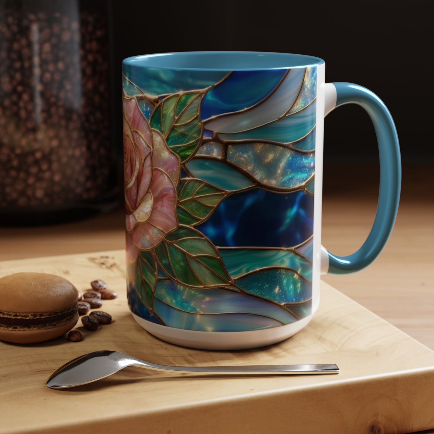 Stained Glass Rose Mug, Pink Flower Coffee Cup, Fantasy Floral Tea Cup, Magical Garden Gift, Galaxy Rose Art, Botanical Lover Present