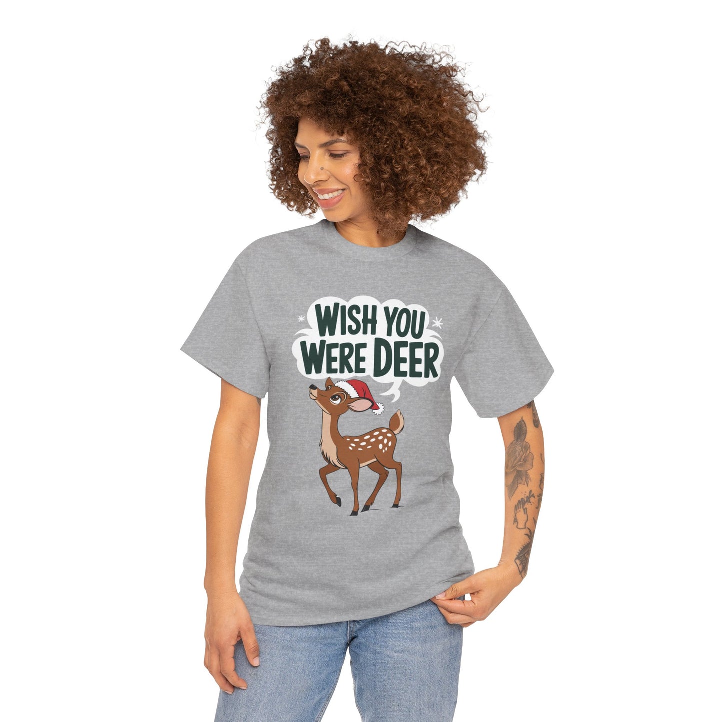 Wish You Were Deer Funny Christmas T-Shirt, Cute Reindeer Holiday Tee, Pun Christmas Shirt, Festive Santa Hat Deer Graphic Tee Gift