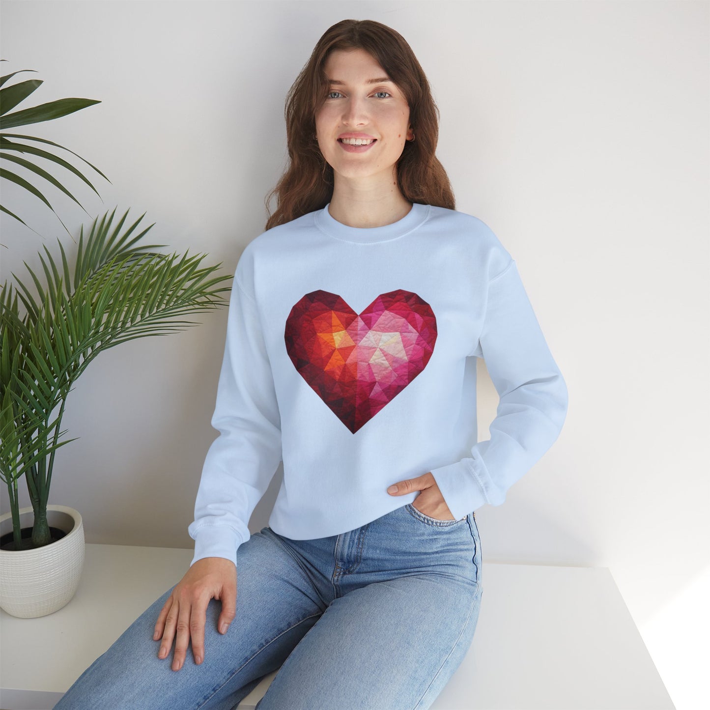 Faux Patchwork Heart Sweatshirt, Geometric Heart Sweater, Cute Valentines Sweatshirt, Cozy Pink Heart Crewneck, Winter Heart Pullover
