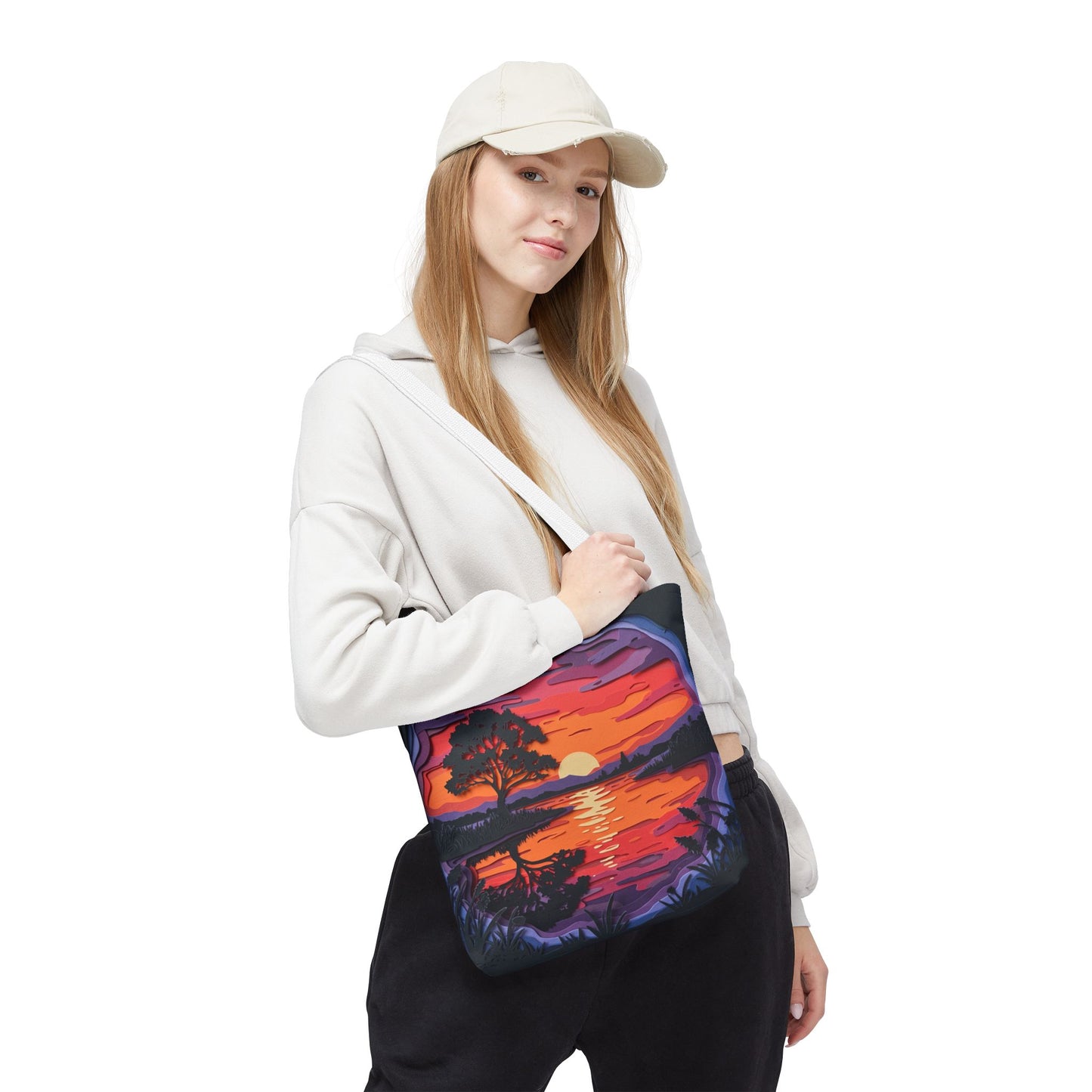 Sunset Landscape Canvas Tote Bag – Paper‑Art Inspired Nature Scene Tote – Colorful Sunset Market Tote, Eco Reusable Beach Bag, Vibrant Gift for Her