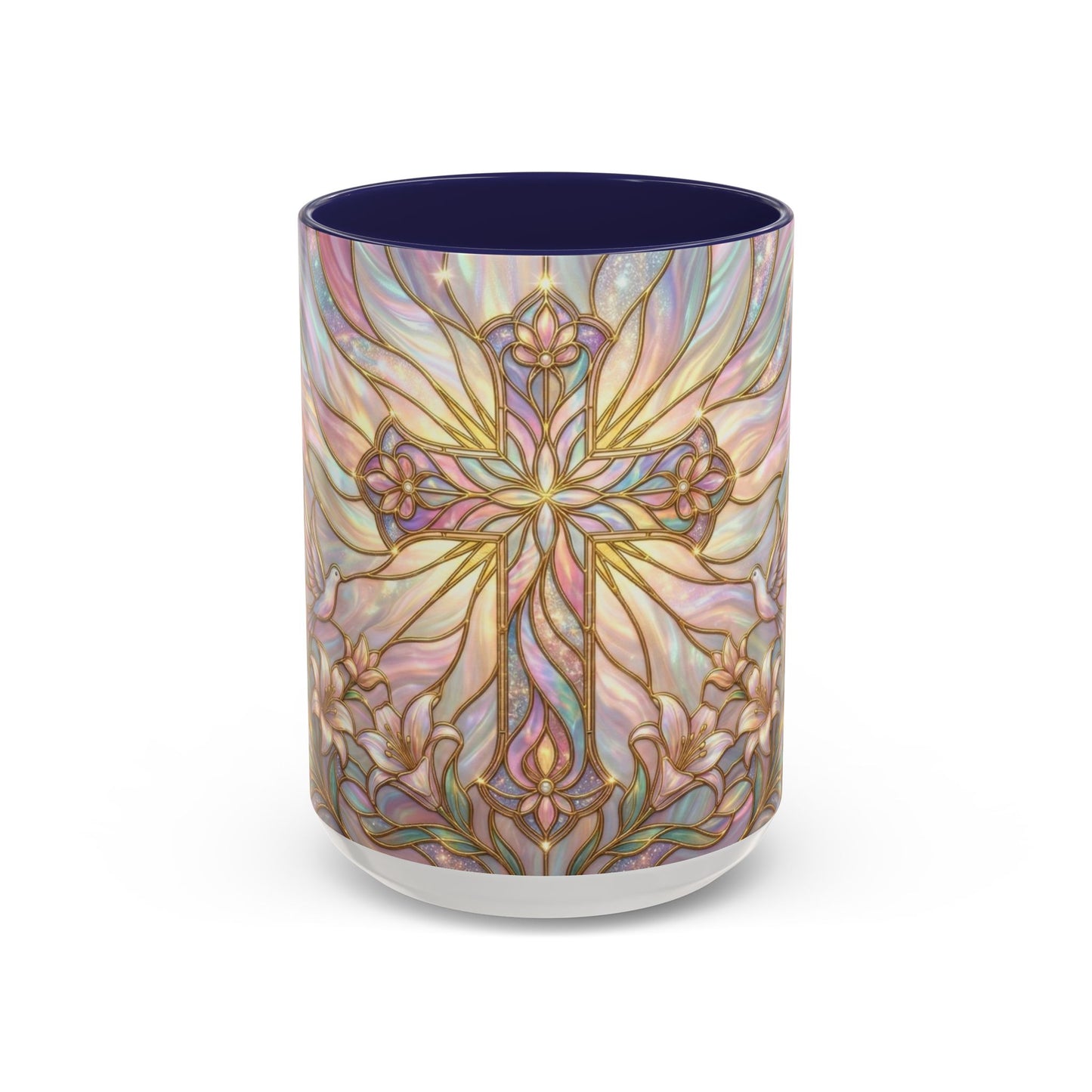 Stained Glass Cross Mug, Easter Lily Coffee Cup, Christian Gift for Women, Pastel Religious Drinkware, Dove and Faith Cup, Spiritual
