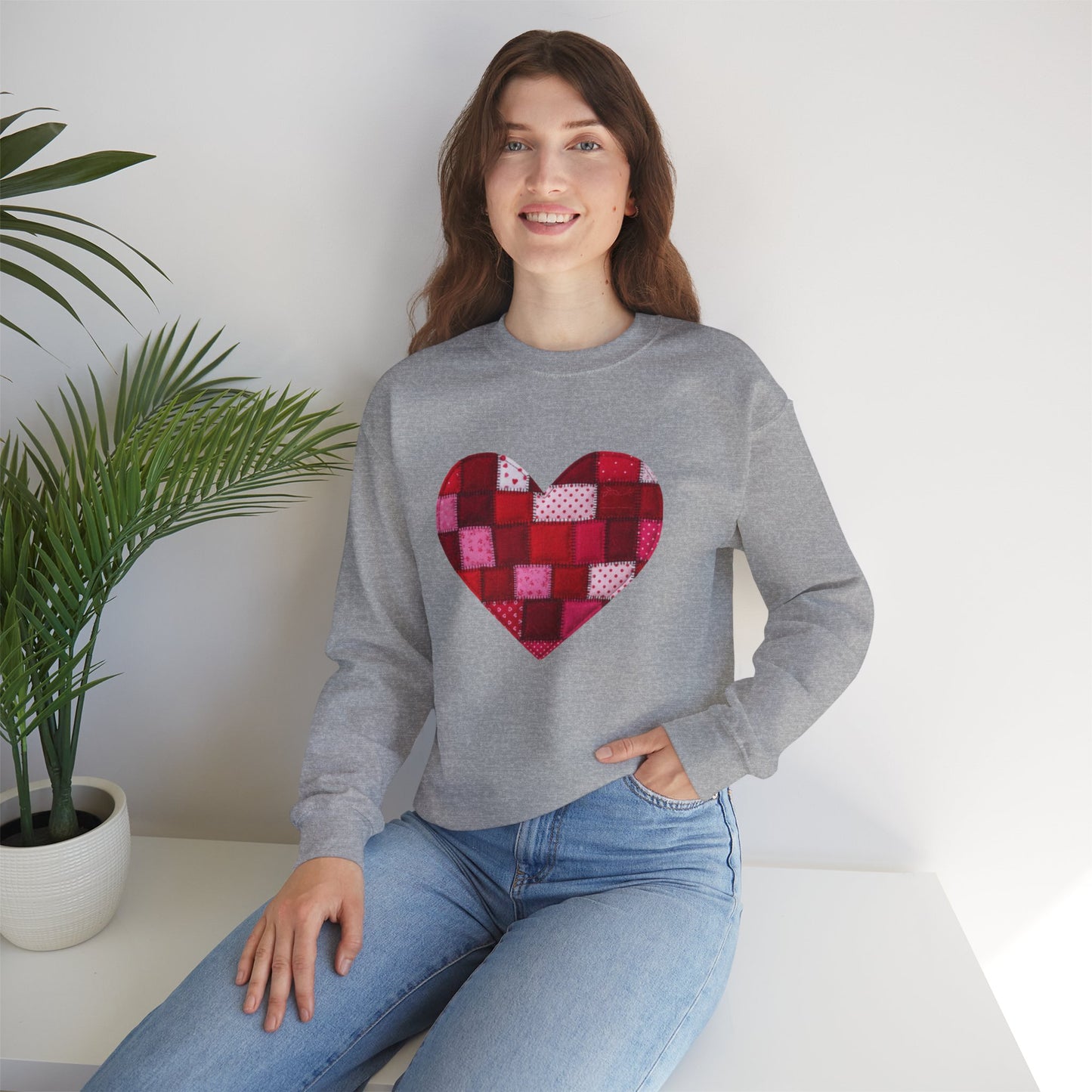 Faux Patchwork Heart Sweatshirt, Quilted Look Heart Pullover, Cozy Valentine Crewneck, Handmade Style Sweatshirt, Love Heart Shirt, Valentine Gift
