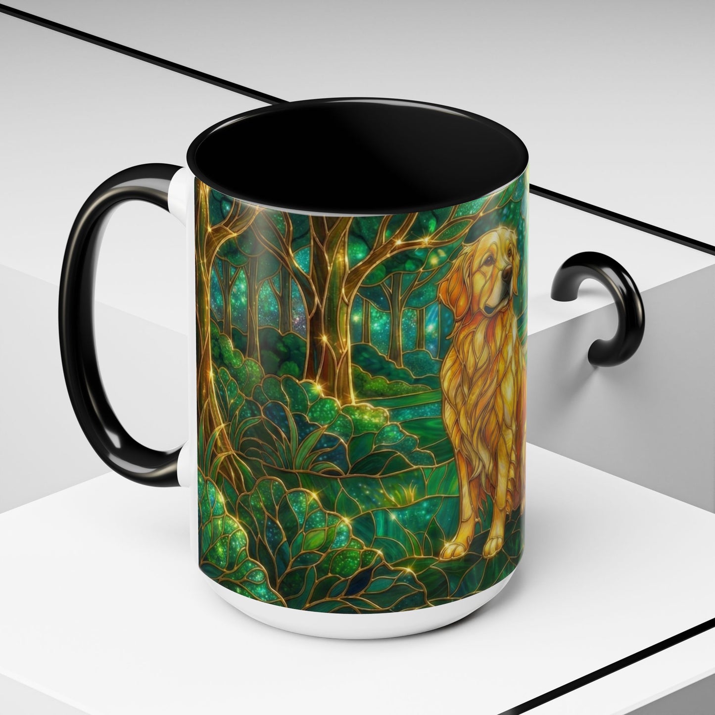 Stained Glass Dog Mug, Golden Retriever Coffee Cup, Pet Lover Ceramic Mug, Forest Art Animal Mug, 11oz 15oz Gift