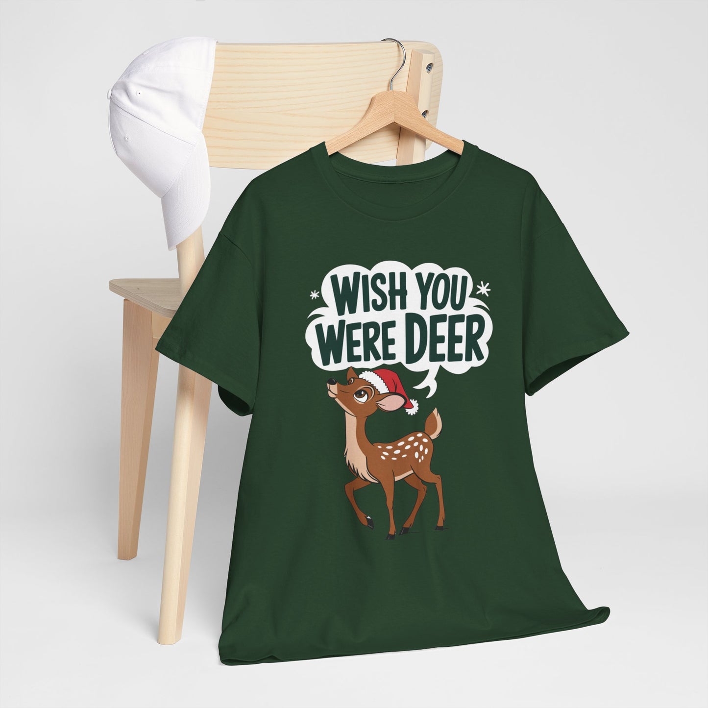 Wish You Were Deer Funny Christmas T-Shirt, Cute Reindeer Holiday Tee, Pun Christmas Shirt, Festive Santa Hat Deer Graphic Tee Gift