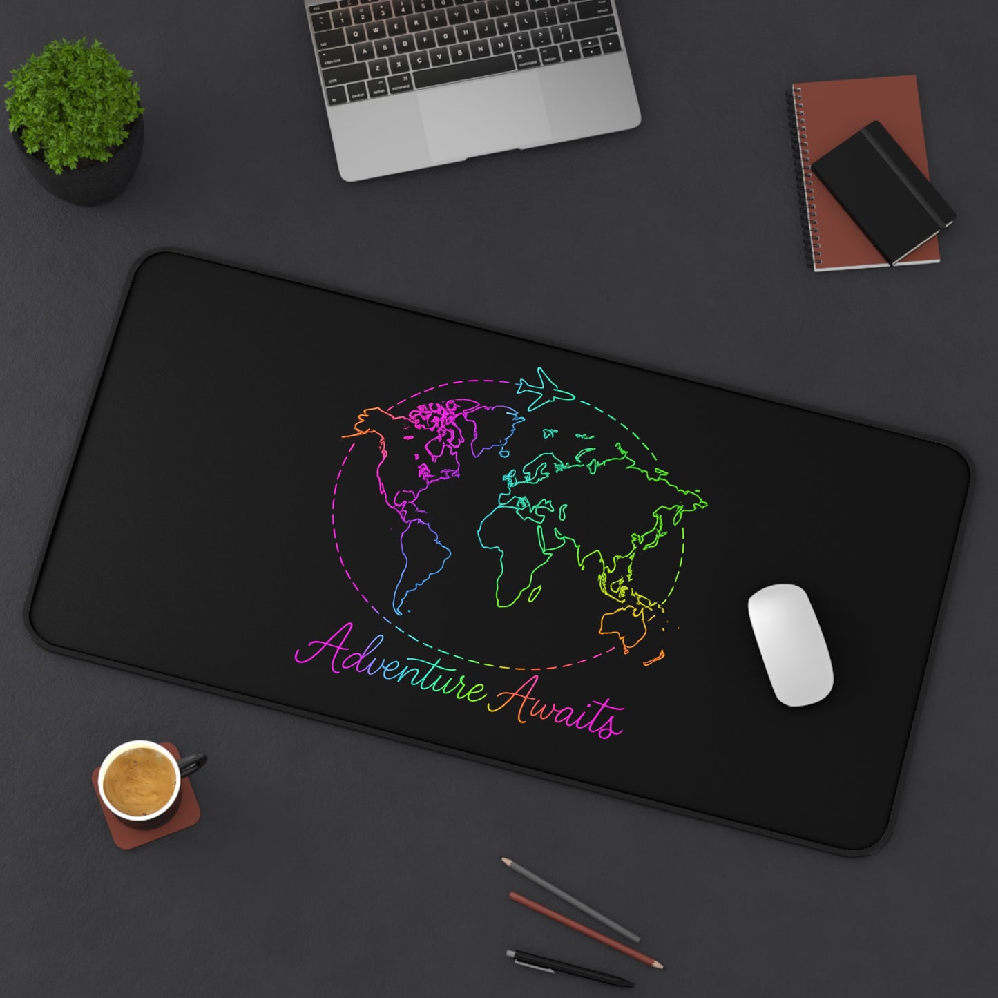 Adventure Awaits Neon Desk Mat - Y2K Rainbow World Map and Airplane XL Mouse Pad for Travel Aesthetic Office, Gaming & Study Desk
