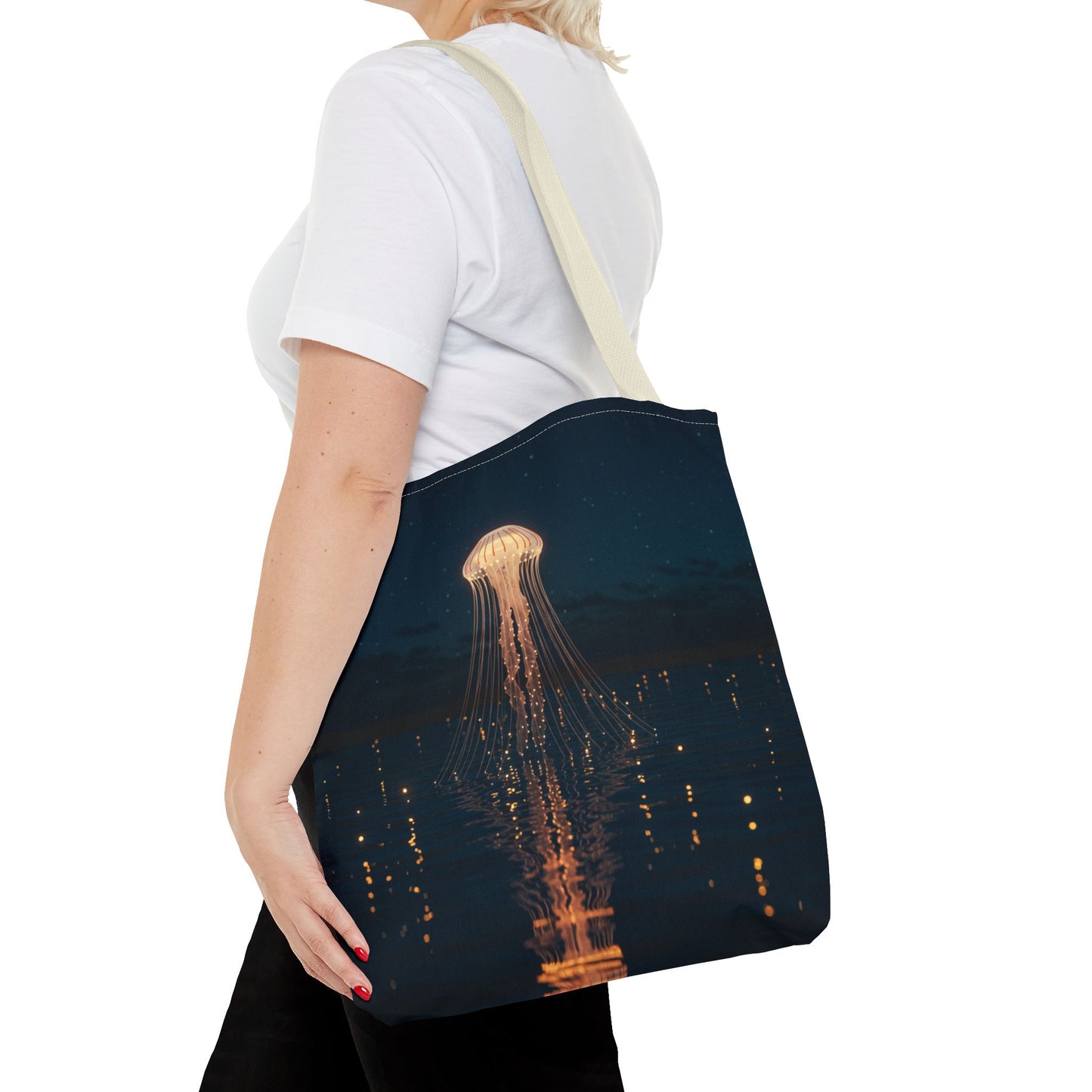 Luminous Jellyfish Tote Bag, Glow-Inspired Ocean Design Shoulder Bag, Durable Polyester Tote For Everyday Style, Gifts, And Coastal Fashion