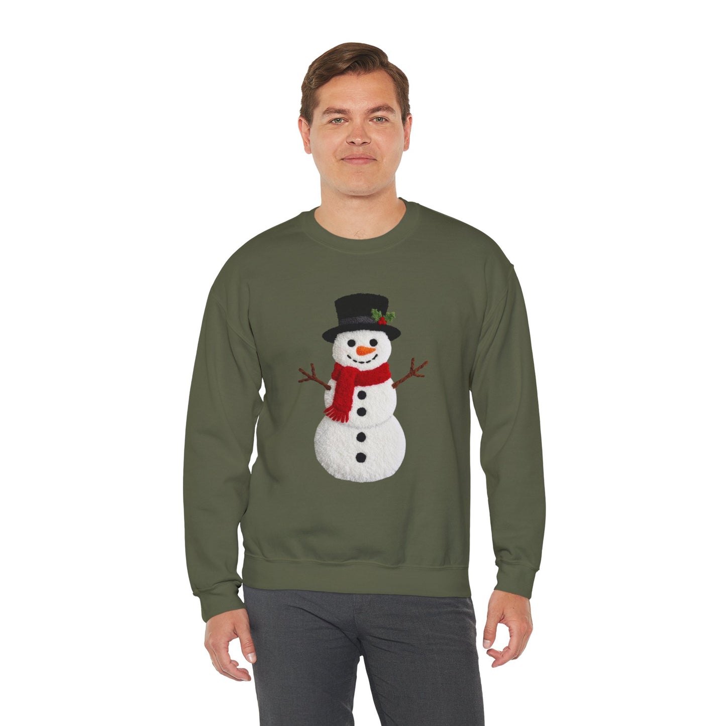 Faux Patchwork Crochet Snowman Sweatshirt, Winter Snowman Crewneck, Cozy Holiday Sweater, Christmas Sweatshirt, Festive Winter Shirt, unisex gift