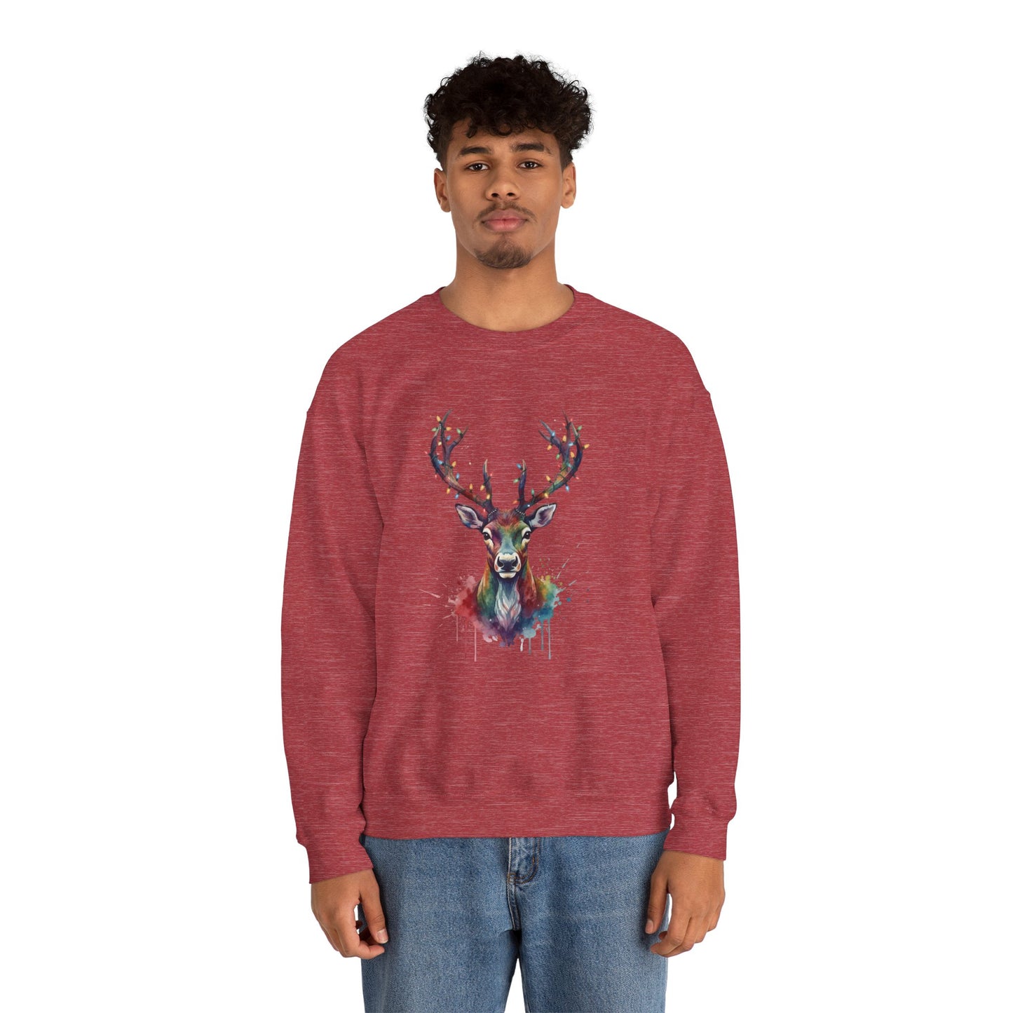 Colorful Reindeer Christmas Sweatshirt, Holiday Deer Lights Sweater, Watercolor Winter Crewneck, Festive Cozy Gift For Him Or Her