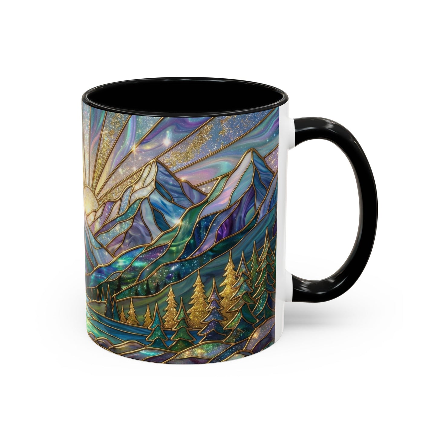 Stained Glass Mountain Mug, Mountain Landscape Coffee Cup, Galaxy Sky Nature Ceramic Mug, Sunrise River Forest Art, 11oz 15oz Gift