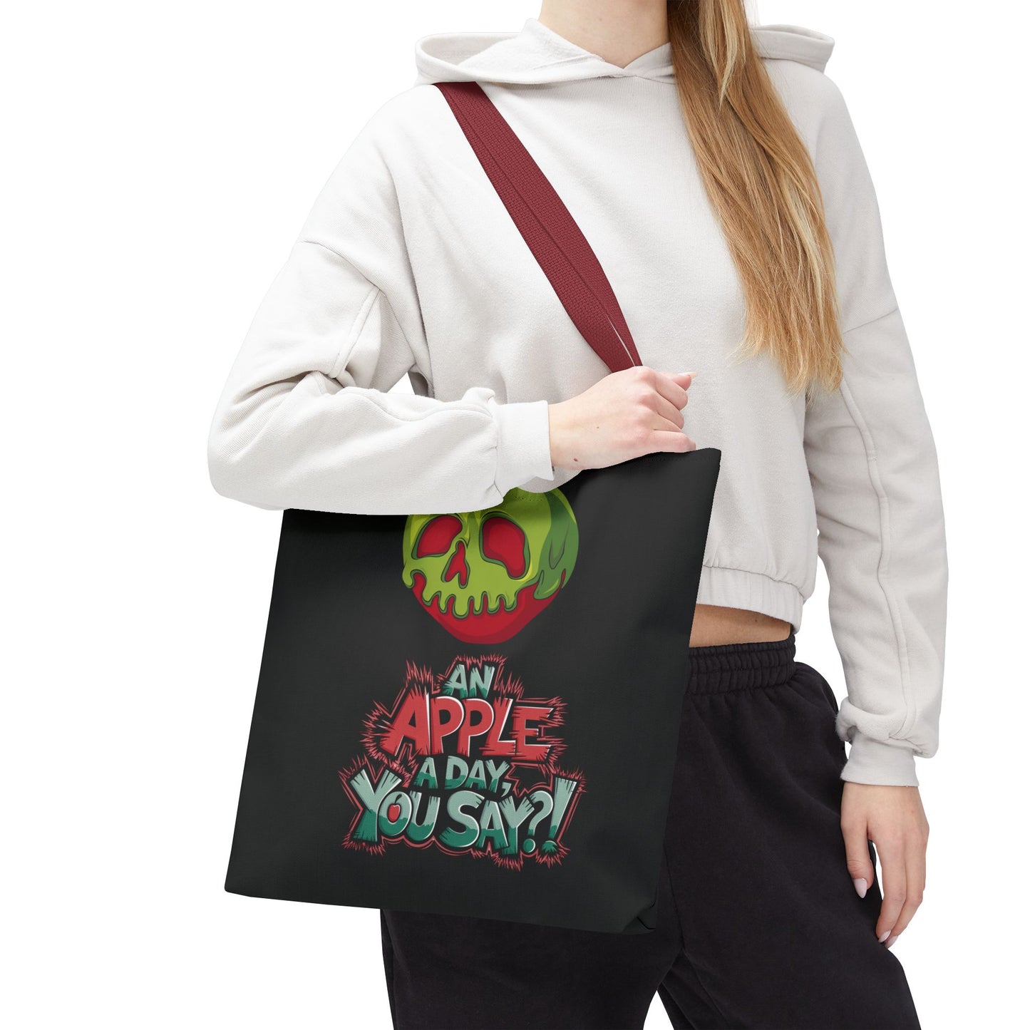 Spooky Halloween Tote Bag – Poison Apple Design – Funny Gothic Tote – Trick or Treat Bag – Creepy Apple Pun Gift – Black Tote Bag